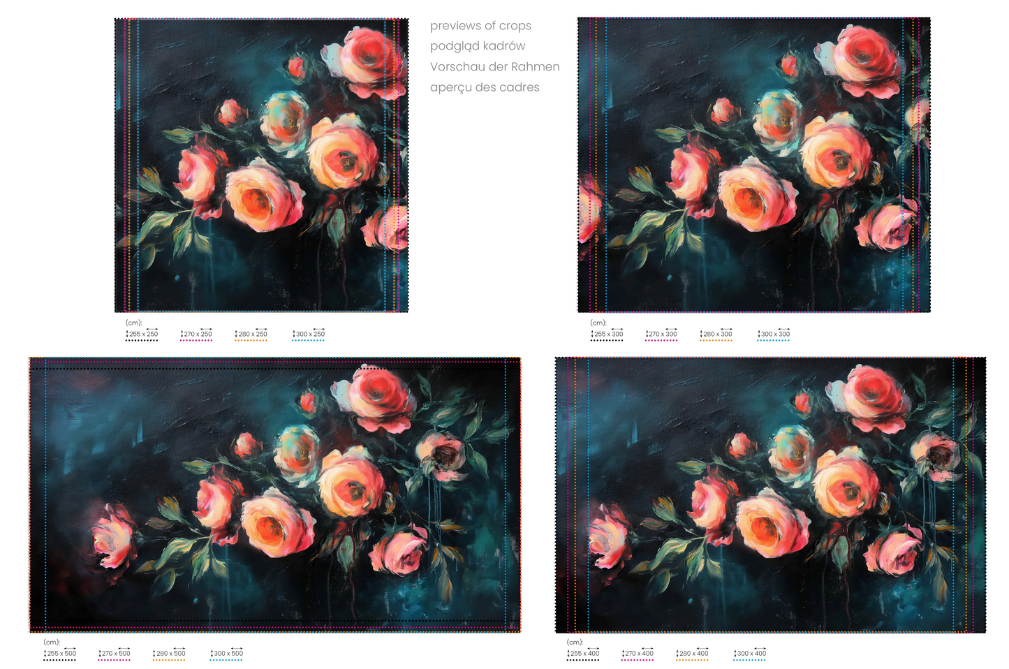 Na obrazie znajduje się prezentacja przykładowych rozmiarów fototapety o nazwie Teal Rose Whispers. Rozmiar fototapety jest dowolny.