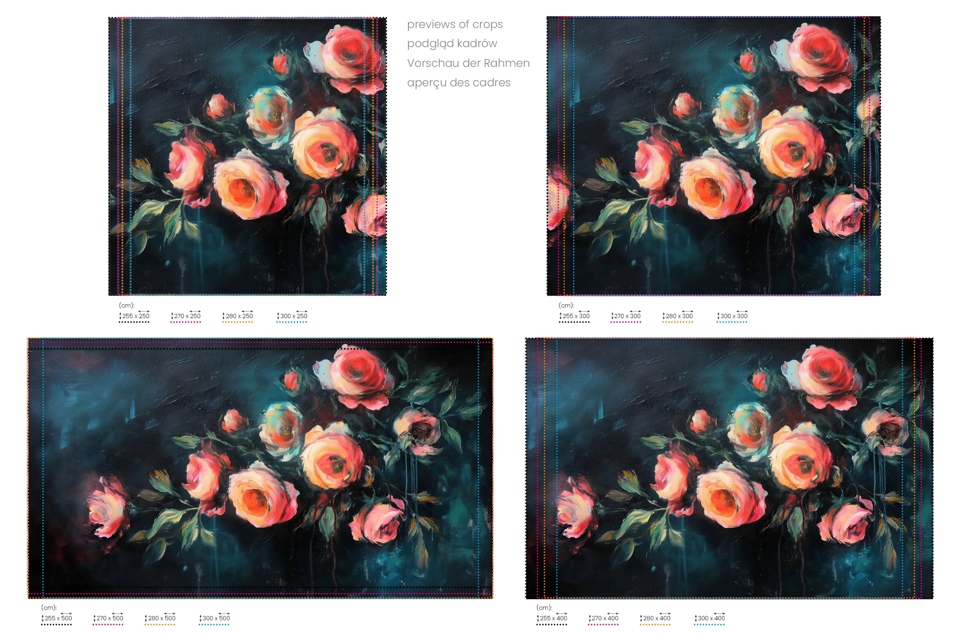 Na obrazie znajduje się prezentacja przykładowych rozmiarów fototapety o nazwie Teal Rose Whispers. Rozmiar fototapety jest dowolny.