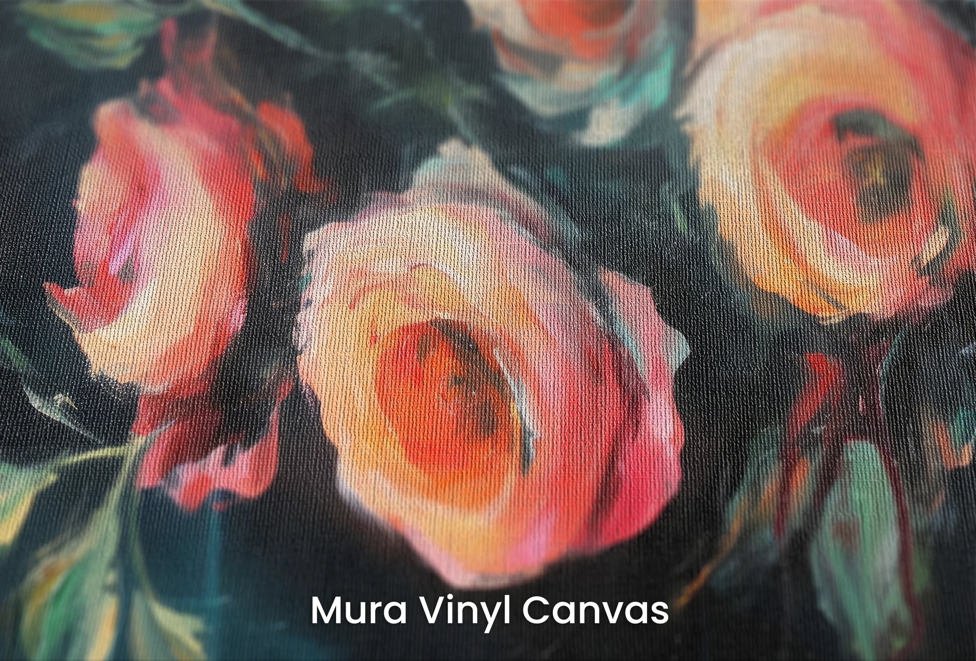 Zbliżenie na artystyczną fototapetę o nazwie Teal Rose Whispers na podłożu Mura Vinyl Canvas - faktura naturalnego płótna.