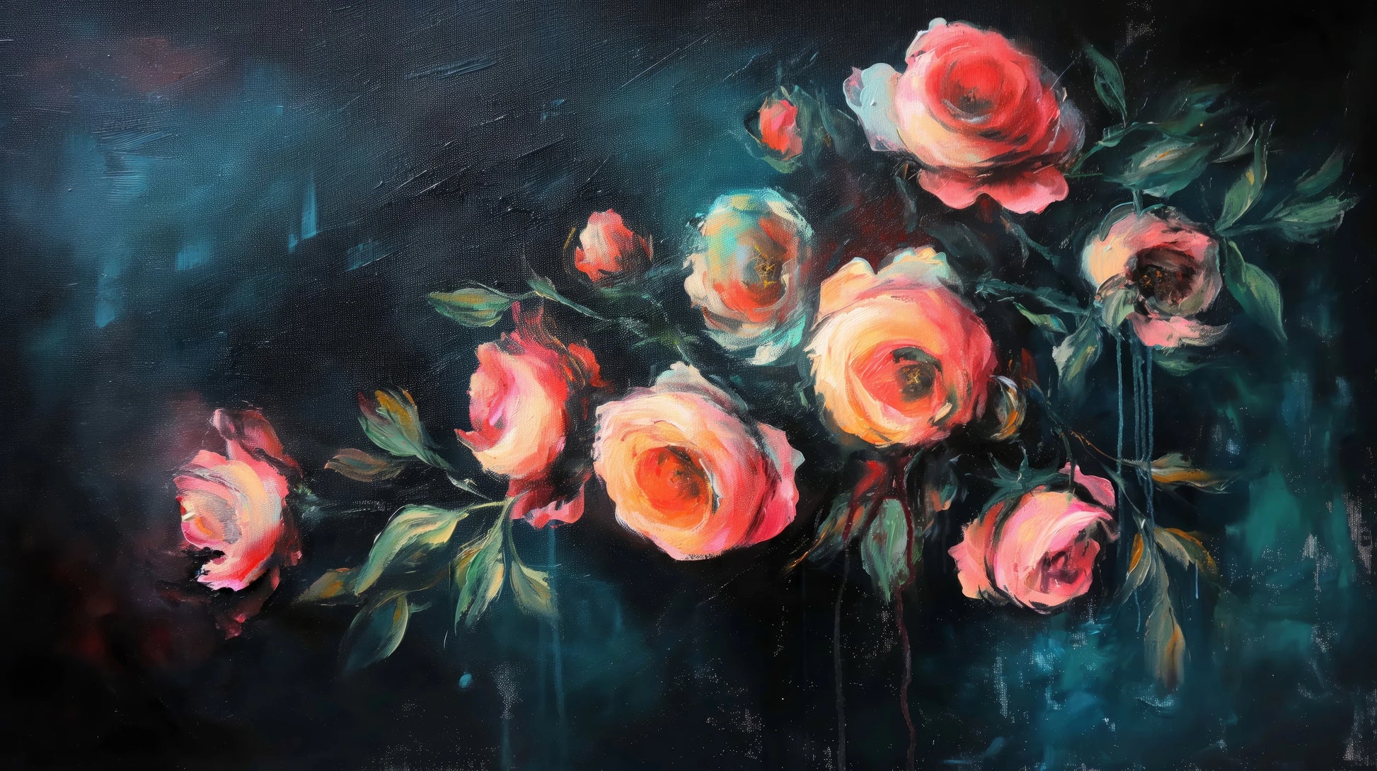 Prezentacja całego wzoru fototapety o nazwie Teal Rose Whispers