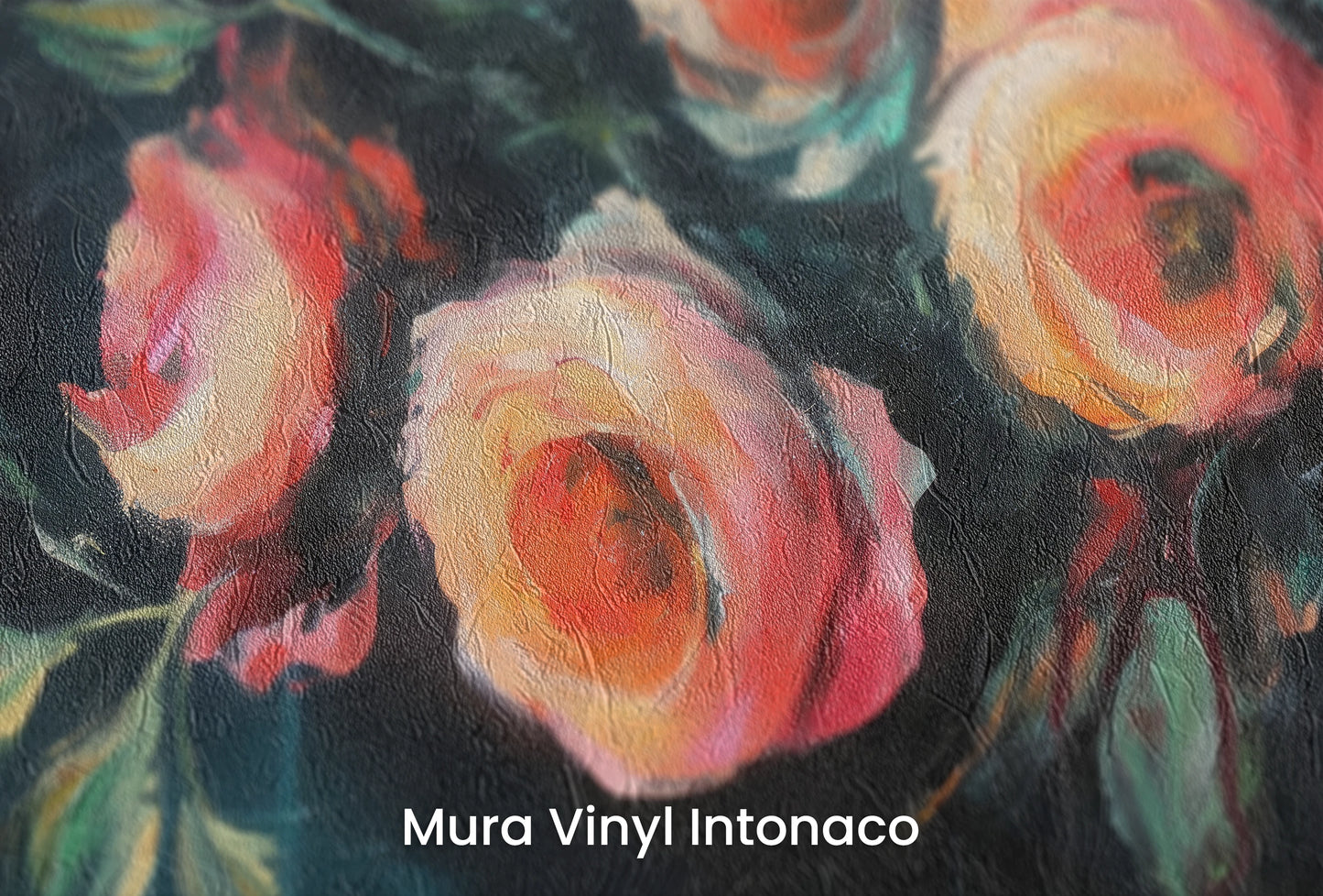 Zbliżenie na artystyczną fototapetę o nazwie Teal Rose Whispers na podłożu Mura Vinyl Intonaco - struktura tartego tynku.