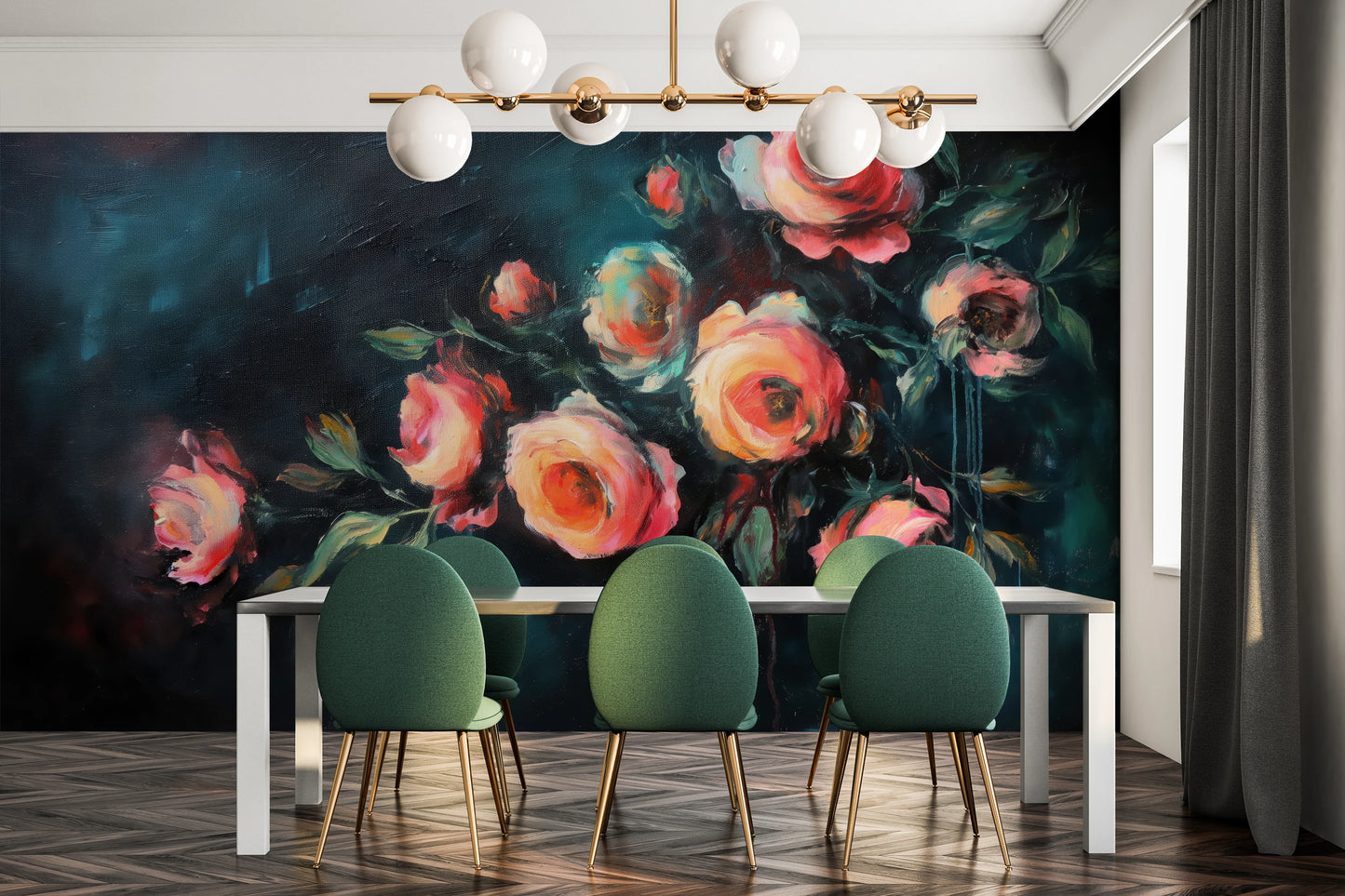 Fototapeta malowana o nazwie Teal Rose Whispers pokazana w aranżacji wnętrza.