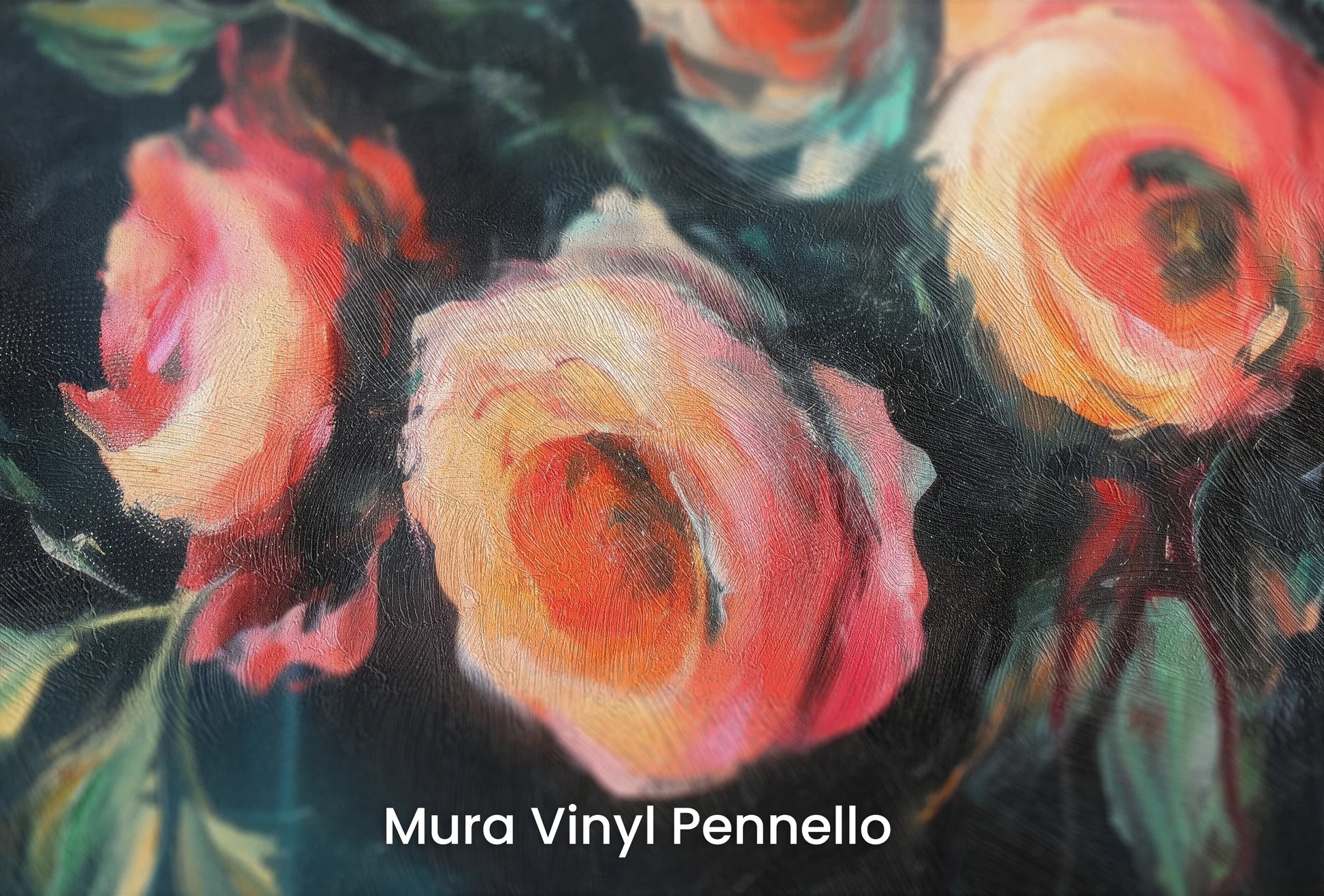 Zbliżenie na artystyczną fototapetę o nazwie Teal Rose Whispers na podłożu Mura Vinyl Pennello - faktura pociągnięć pędzla malarskiego.