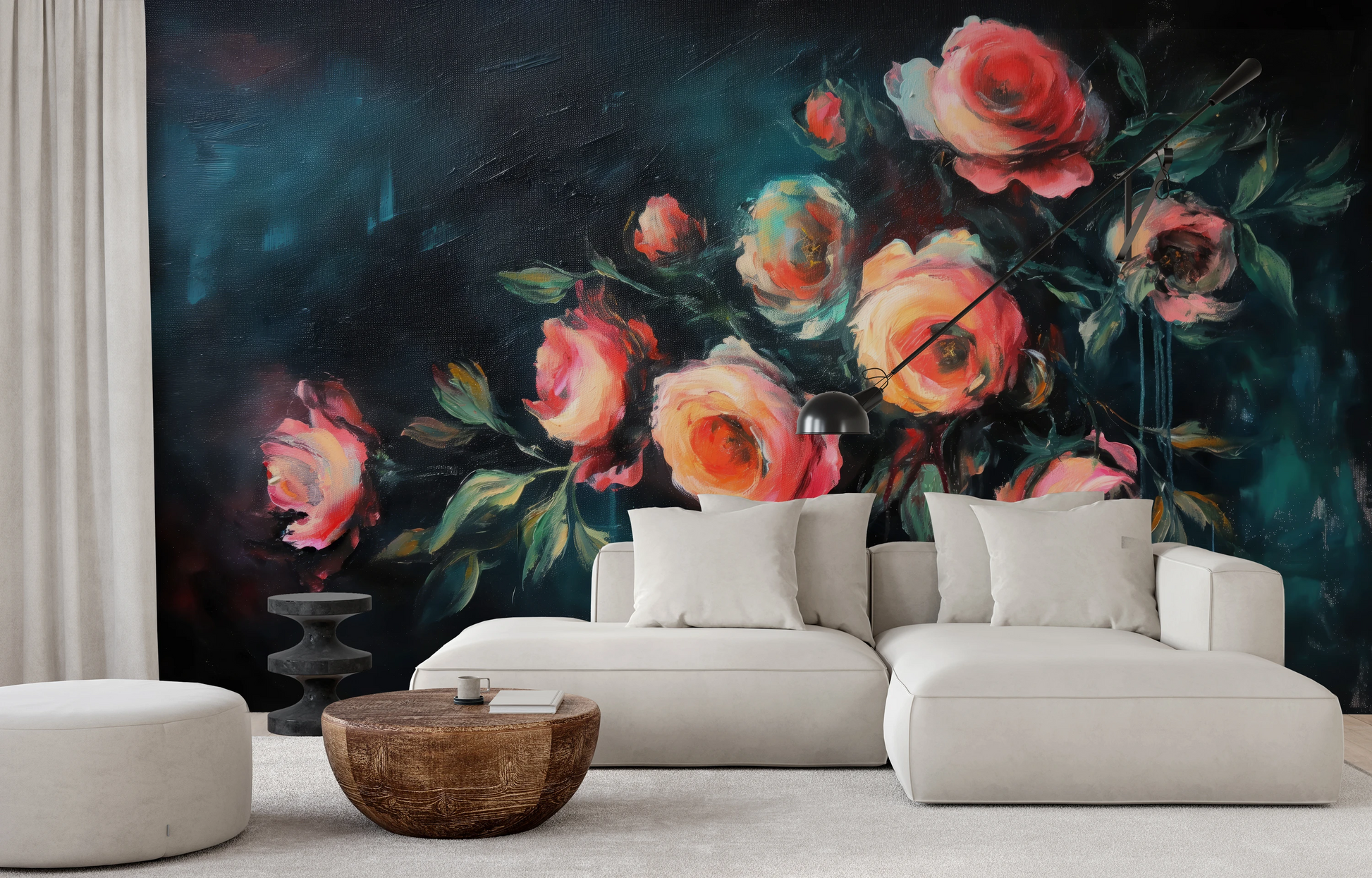 Fototapeta artystyczna o nazwie Teal Rose Whispers pokazana w aranżacji wnętrza.