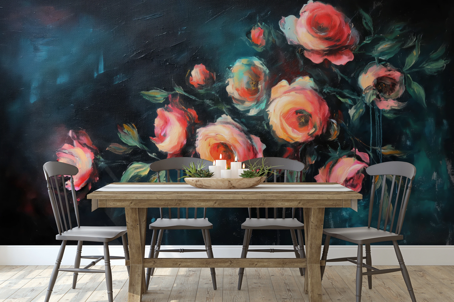 Wzór fototapety o nazwie Teal Rose Whispers pokazanej w kontekście pomieszczenia.