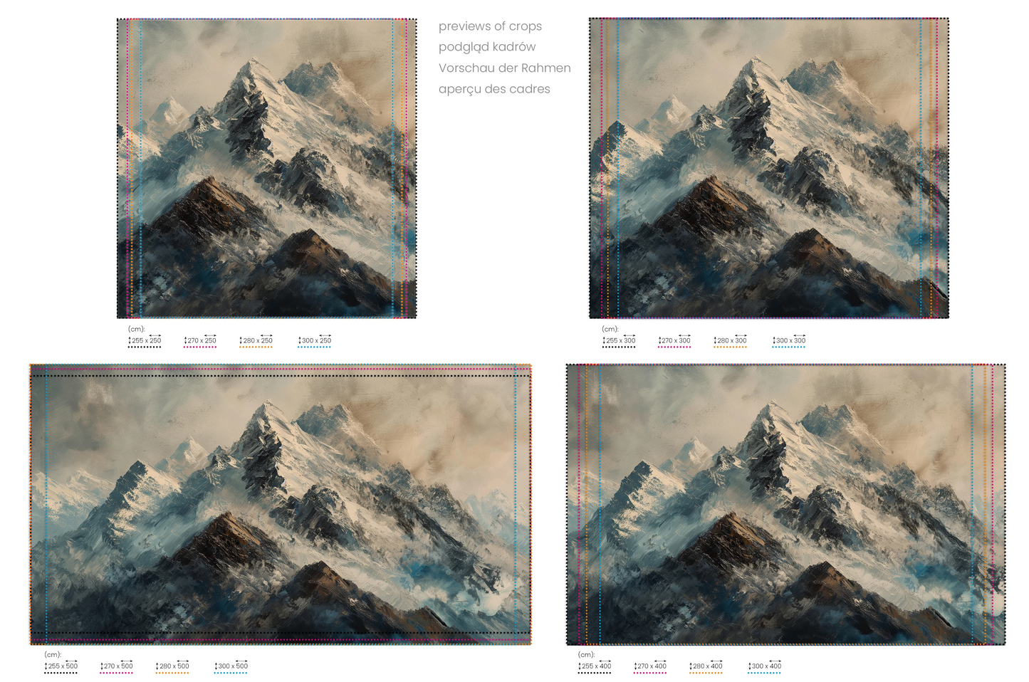 Na obrazie znajduje się prezentacja przykładowych rozmiarów fototapety o nazwie Rugged Peaks. Rozmiar fototapety jest dowolny.