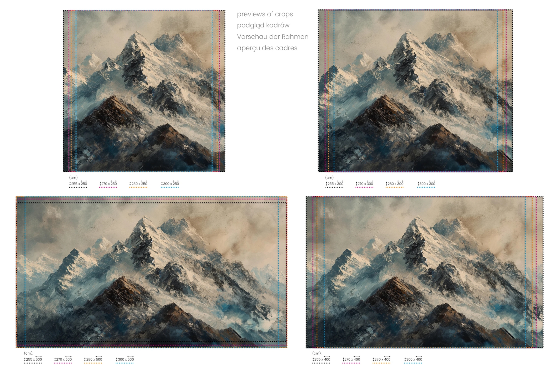 Na obrazie znajduje się prezentacja przykładowych rozmiarów fototapety o nazwie Rugged Peaks. Rozmiar fototapety jest dowolny.