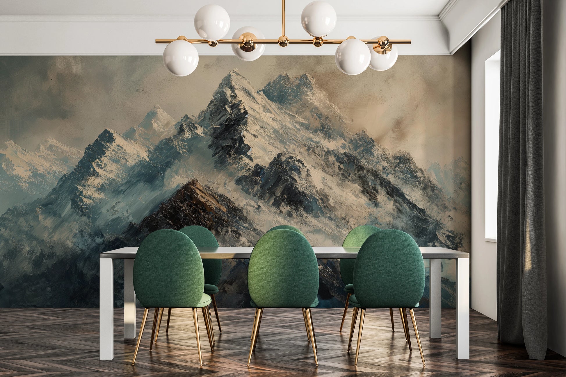 Wzór fototapety malowanej o nazwie Rugged Peaks pokazanej w aranżacji wnętrza.