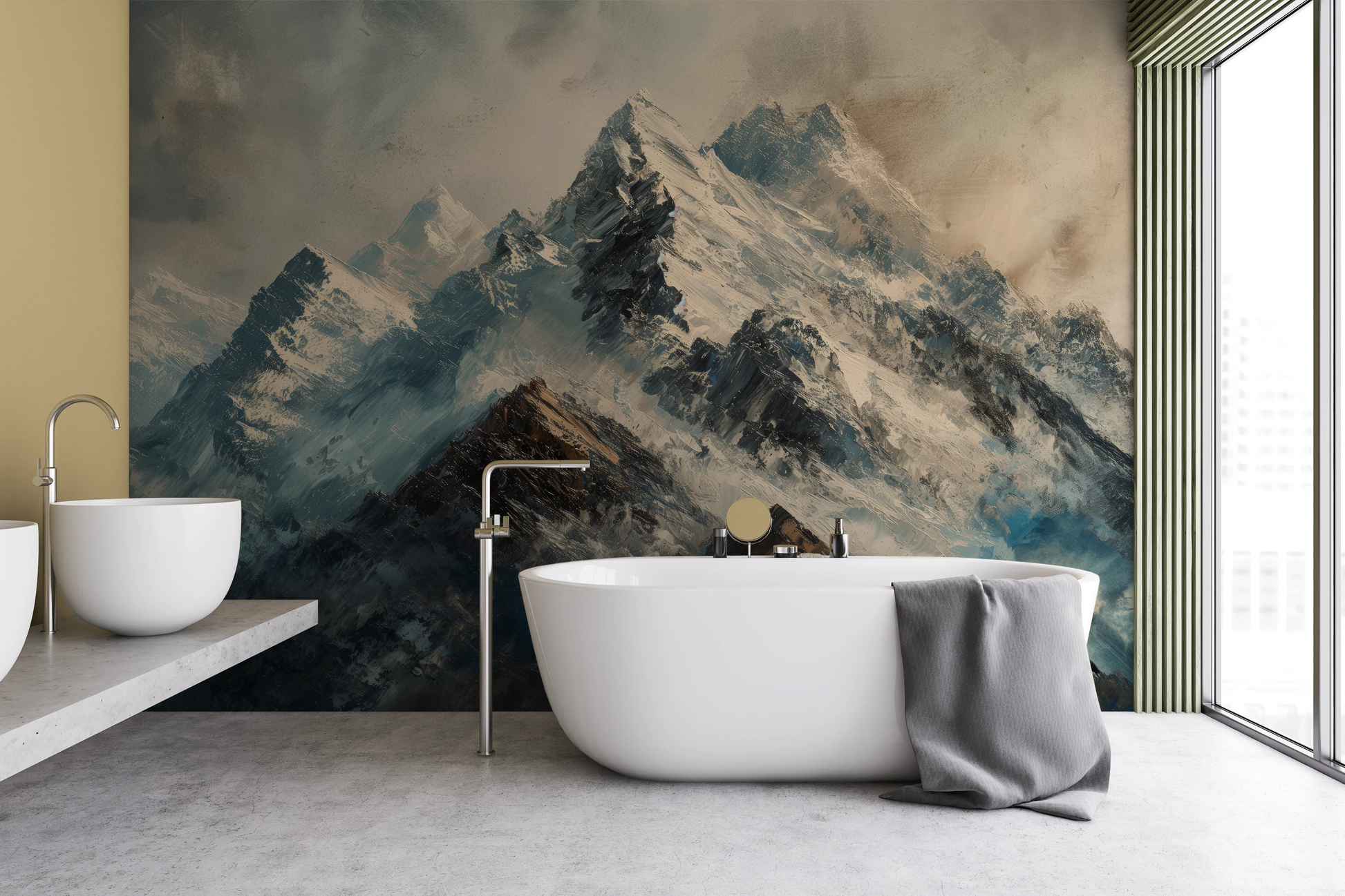 Wzór fototapety artystycznej o nazwie Rugged Peaks pokazanej w aranżacji wnętrza.
