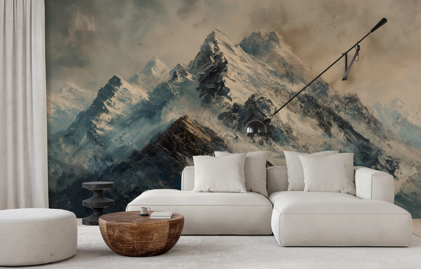 Wzór fototapety o nazwie Rugged Peaks pokazanej w kontekście pomieszczenia.