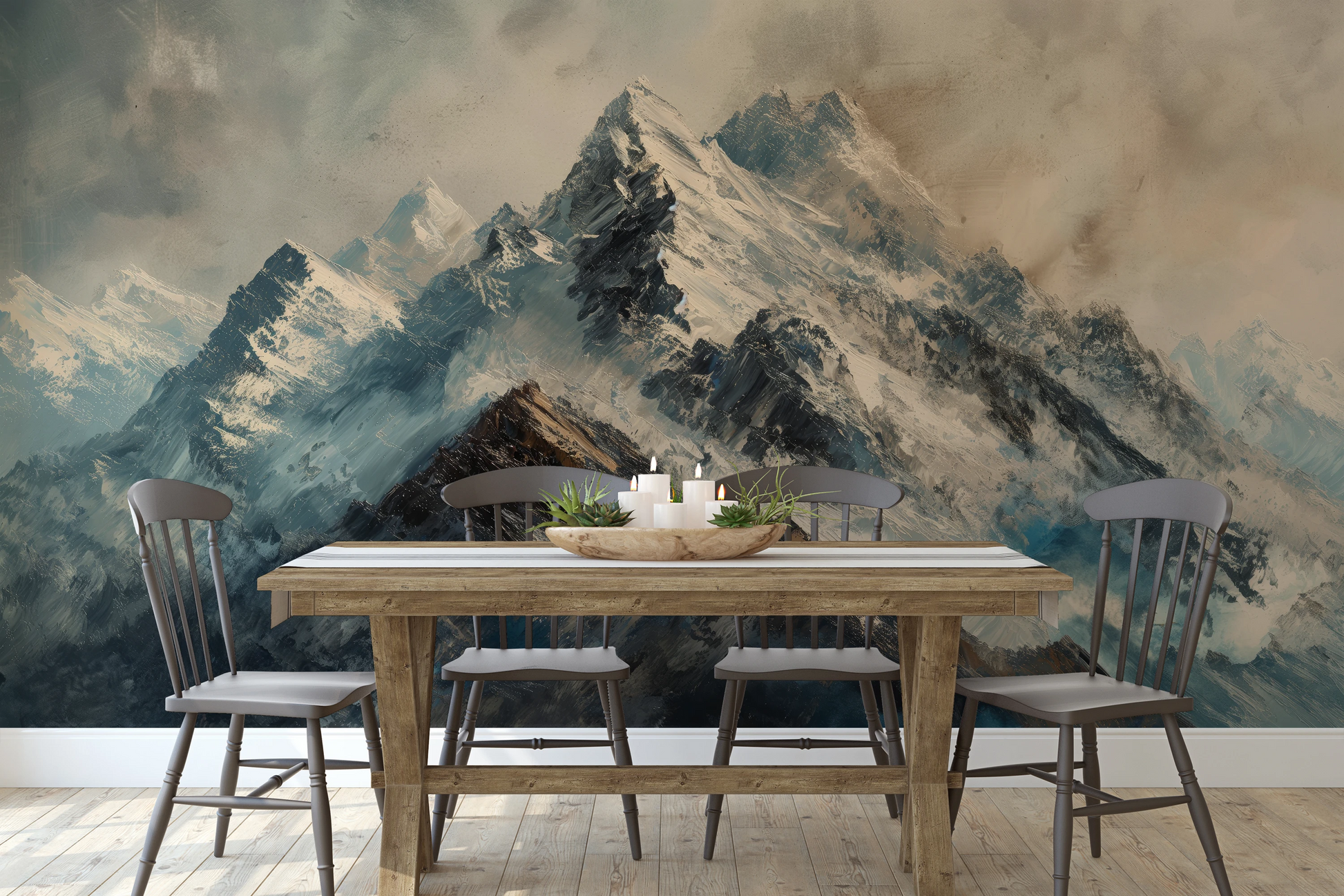 Zdjęcie prezentuje aranżację wnętrza z użyciem fototapety o nazwie Rugged Peaks pokazanej w aranżacji wnętrza.
