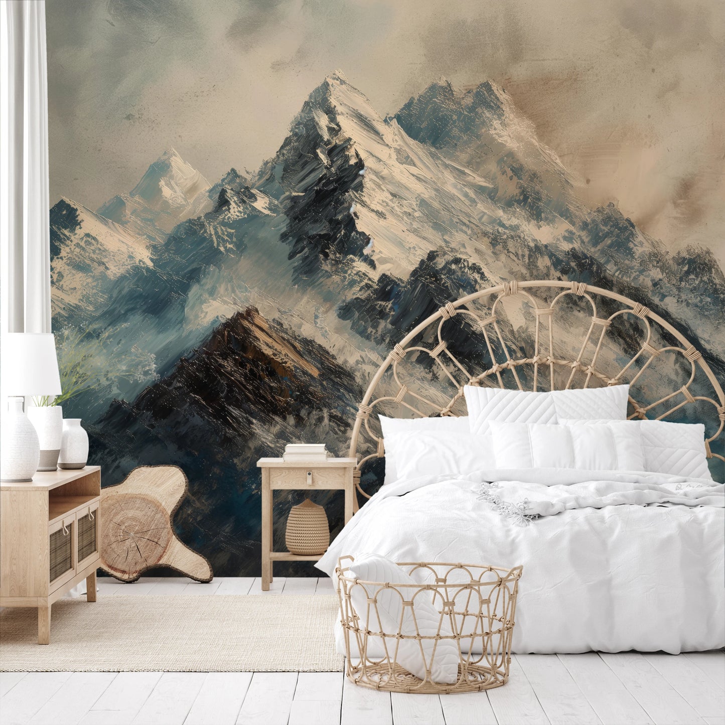 Wzór fototapety artystycznej o nazwie Rugged Peaks pokazanej w aranżacji wnętrza.