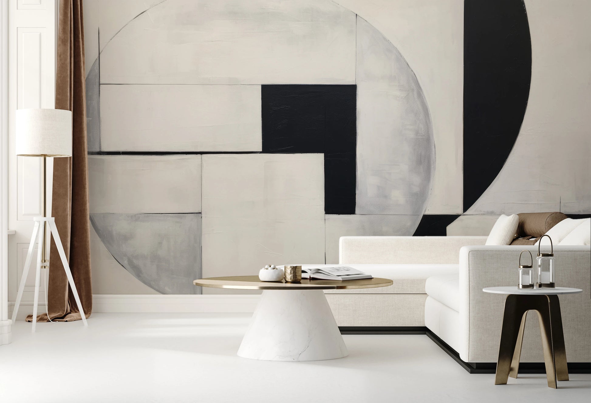Wzór fototapety malowanej o nazwie Geometric Elegance pokazanej w aranżacji wnętrza.