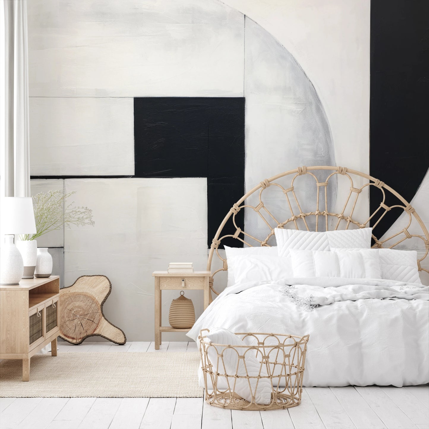 Wzór fototapety artystycznej o nazwie Geometric Elegance pokazanej w aranżacji wnętrza.