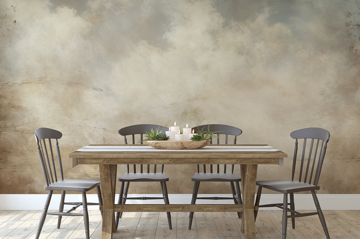 Wzór fototapety malowanej o nazwie EARTHTONE CLOUDSCAPE ELEGANCE pokazanej w aranżacji wnętrza.