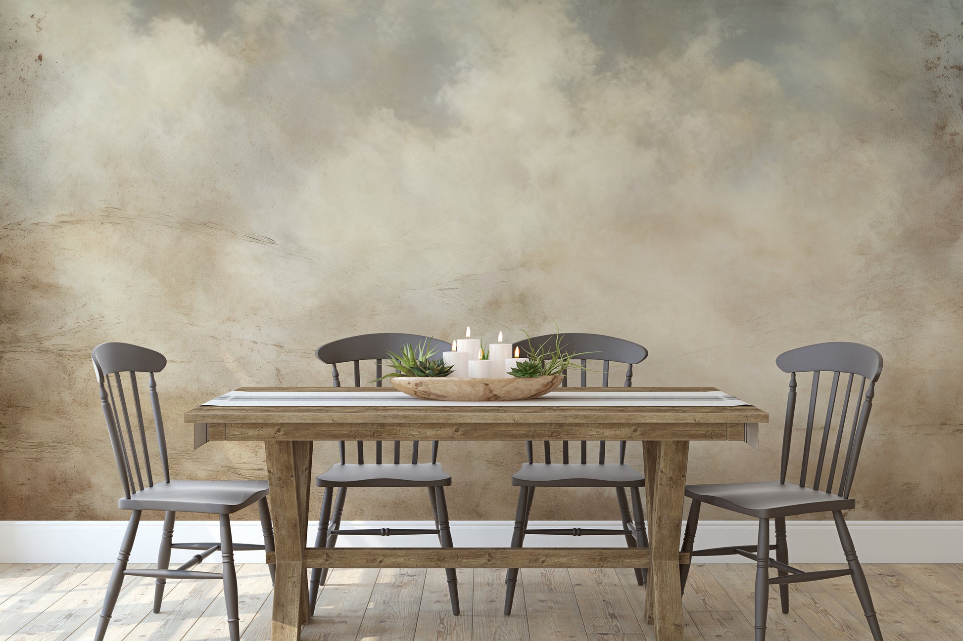 Wzór fototapety malowanej o nazwie EARTHTONE CLOUDSCAPE ELEGANCE pokazanej w aranżacji wnętrza.