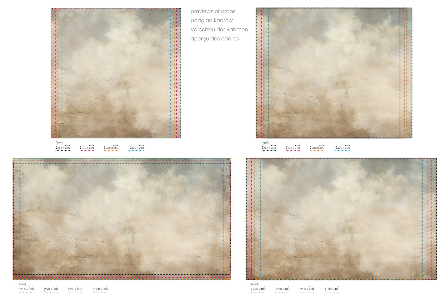Na obrazie znajduje się prezentacja przykładowych rozmiarów fototapety o nazwie EARTHTONE CLOUDSCAPE ELEGANCE. Rozmiar fototapety jest dowolny.