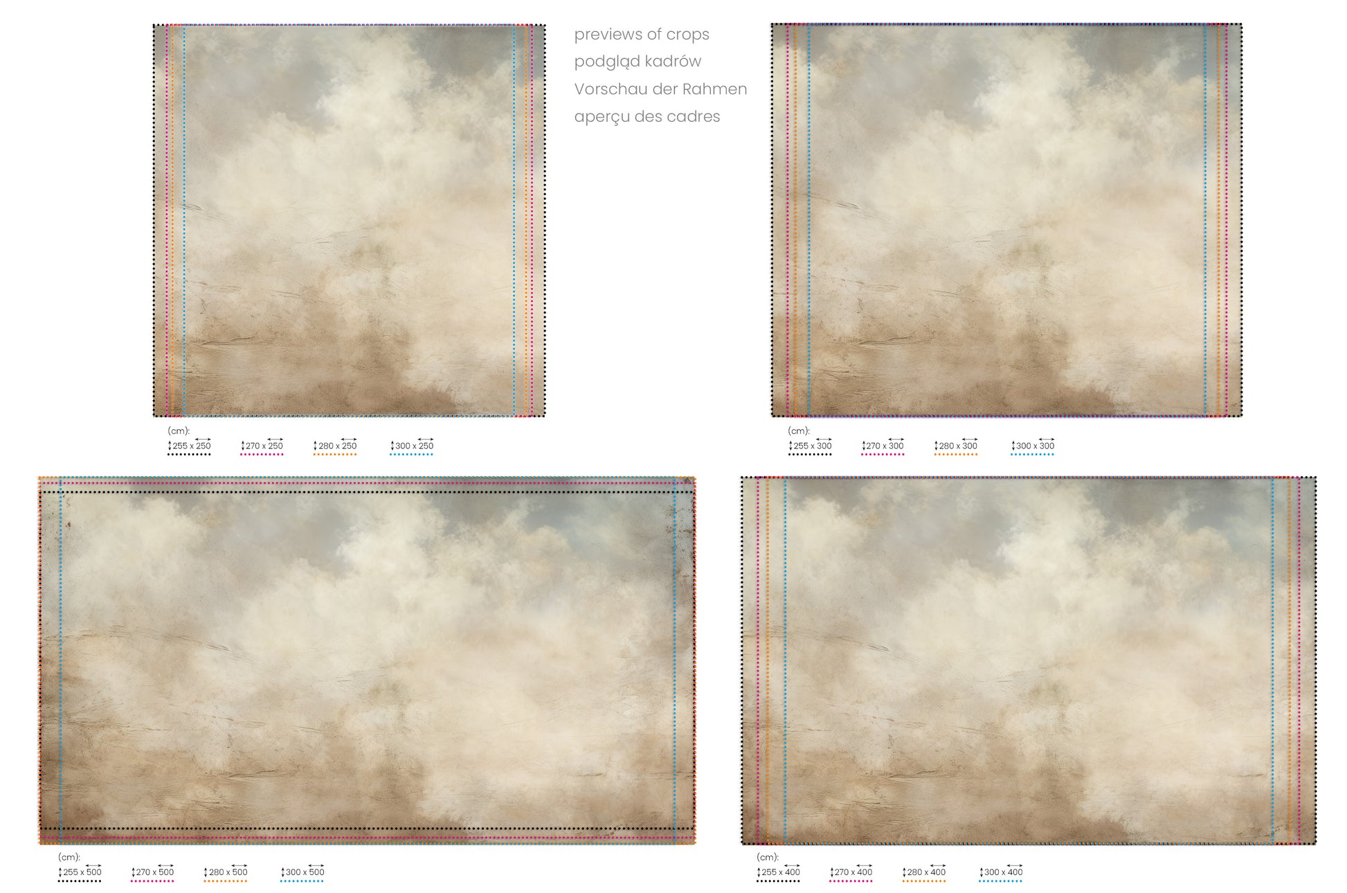 Na obrazie znajduje się prezentacja przykładowych rozmiarów fototapety o nazwie EARTHTONE CLOUDSCAPE ELEGANCE. Rozmiar fototapety jest dowolny.