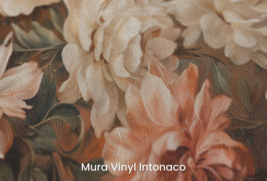 Zbliżenie na artystyczną fototapetę o nazwie Peaches and Cream na podłożu Mura Vinyl Intonaco - struktura tartego tynku.