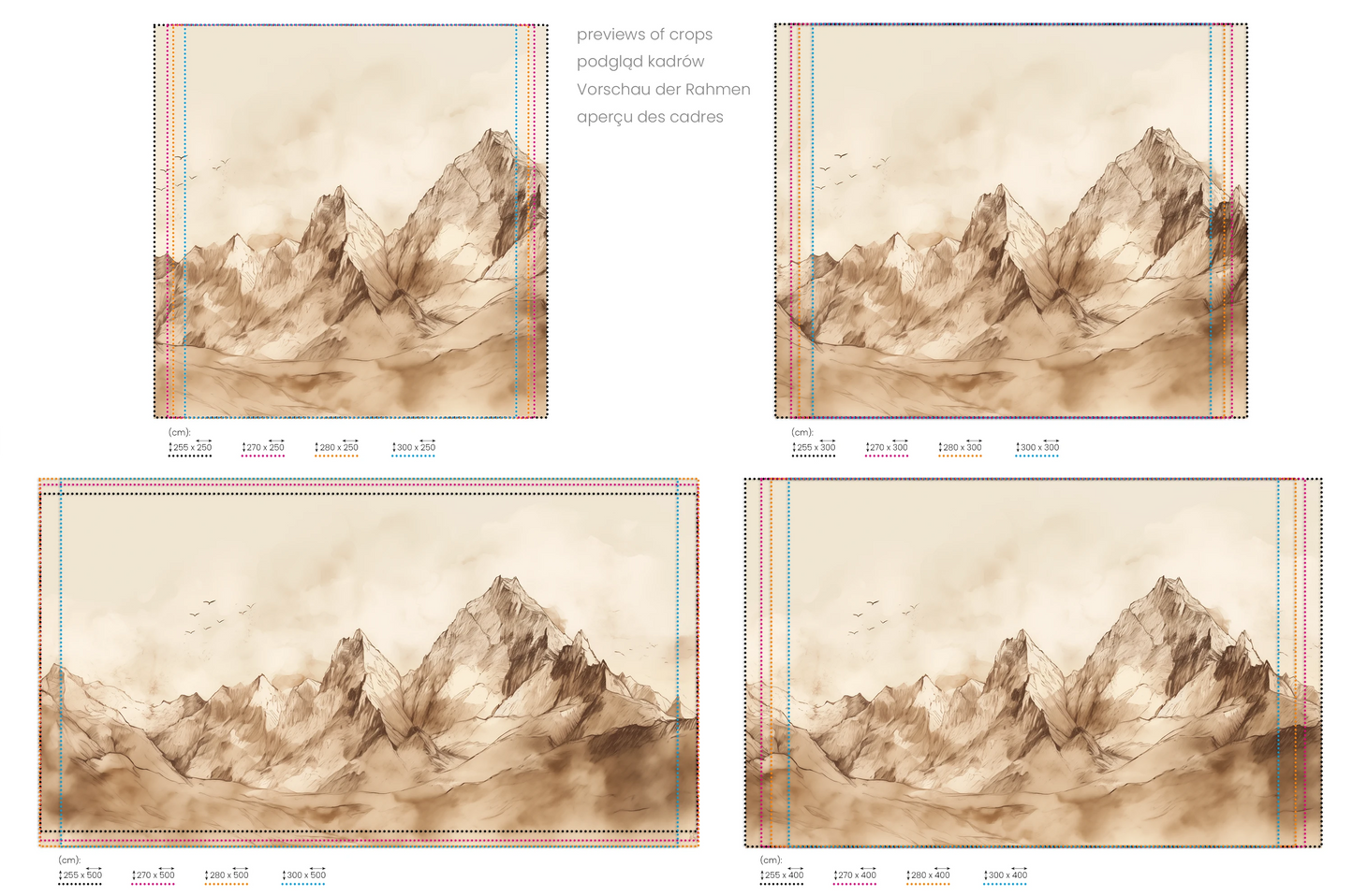 Na obrazie znajduje się prezentacja przykładowych rozmiarów fototapety o nazwie Sepia Serenity. Rozmiar fototapety jest dowolny.