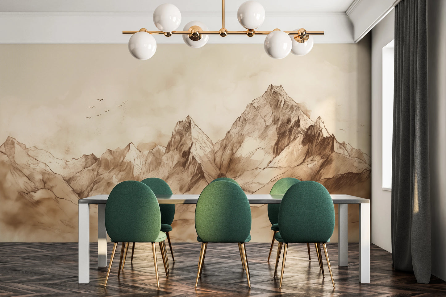 Wzór fototapety malowanej o nazwie Sepia Serenity pokazanej w aranżacji wnętrza.