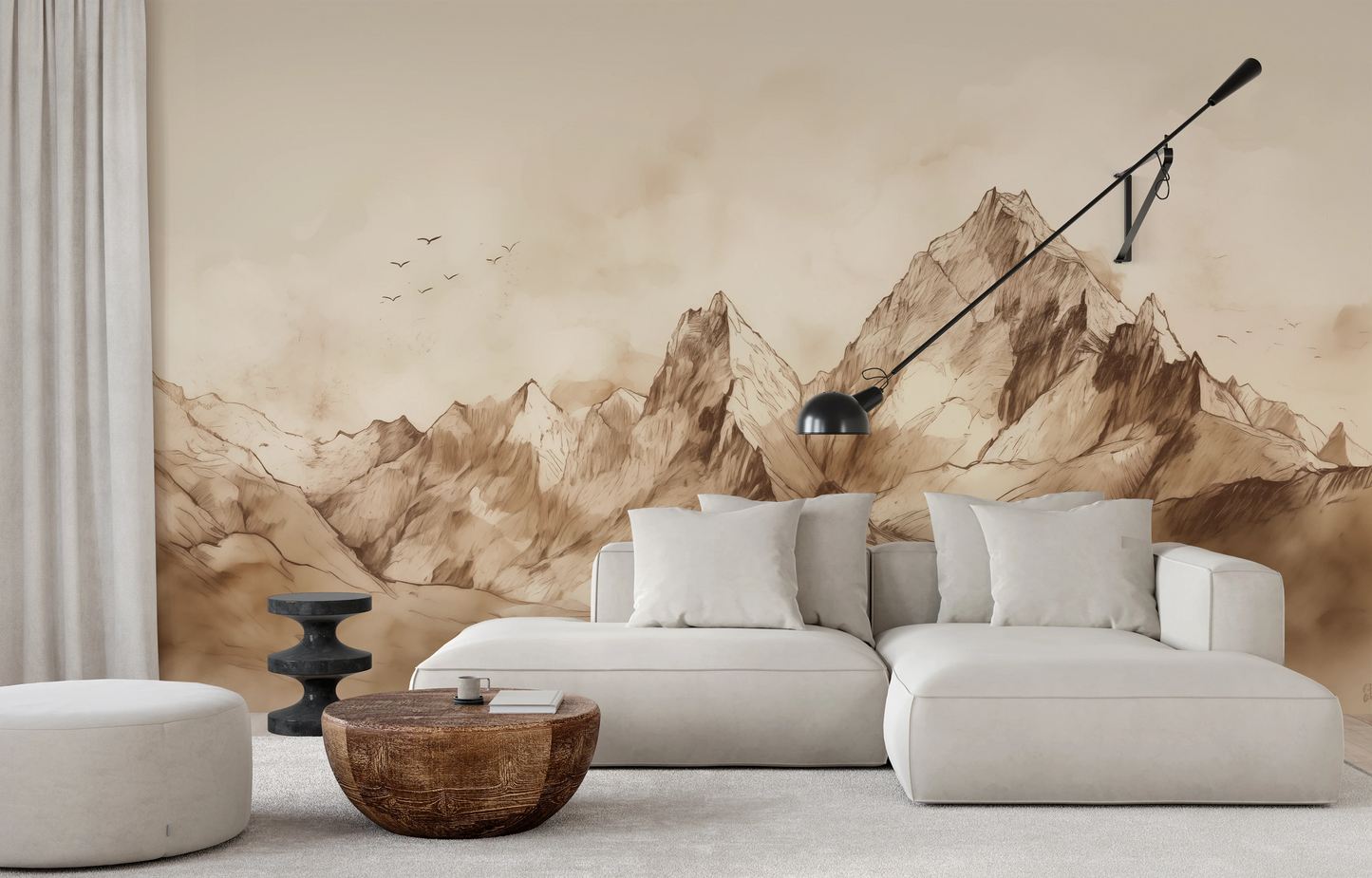 Wzór fototapety artystycznej o nazwie Sepia Serenity pokazanej w aranżacji wnętrza.