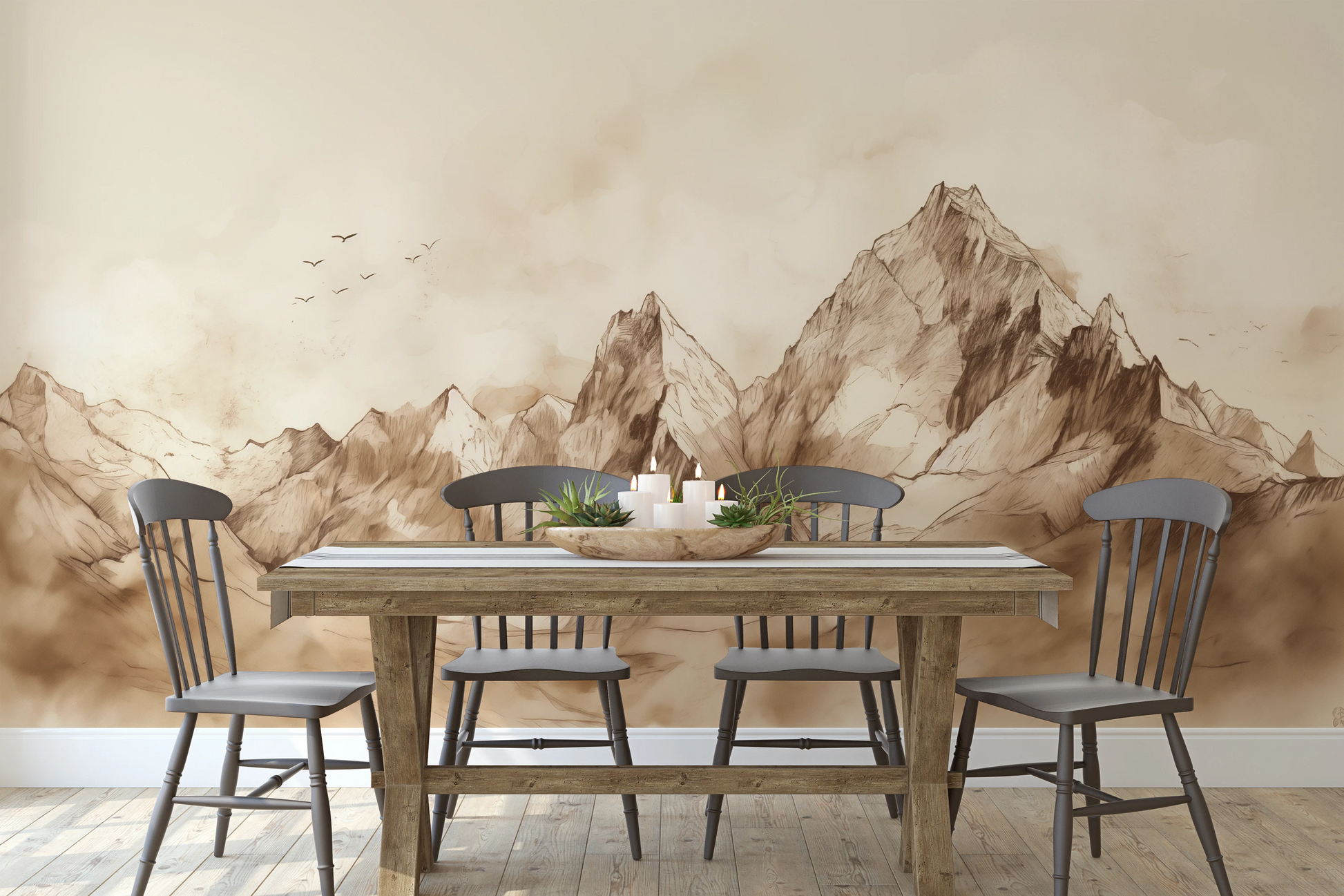 Zdjęcie prezentuje aranżację wnętrza z użyciem fototapety o nazwie Sepia Serenity pokazanej w aranżacji wnętrza.