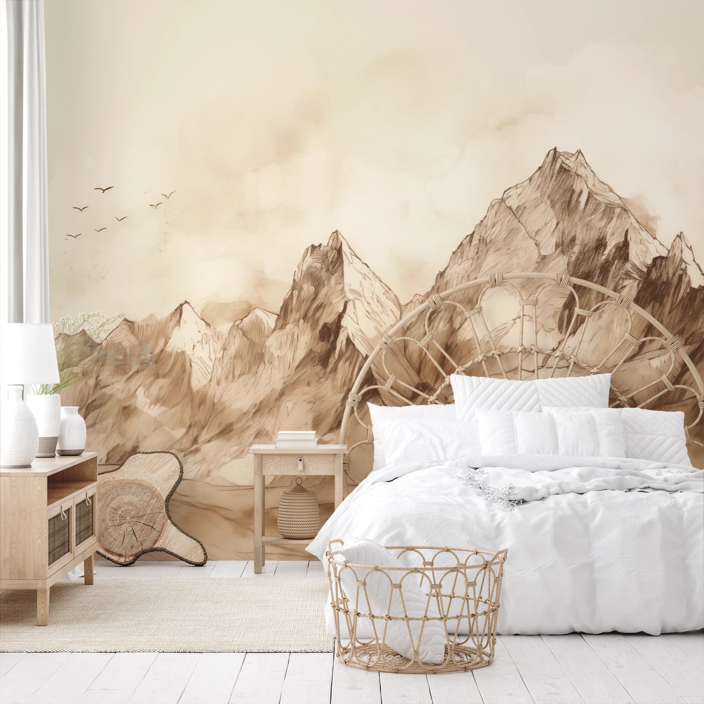 Fototapeta artystyczna o nazwie Sepia Serenity pokazana w aranżacji wnętrza.