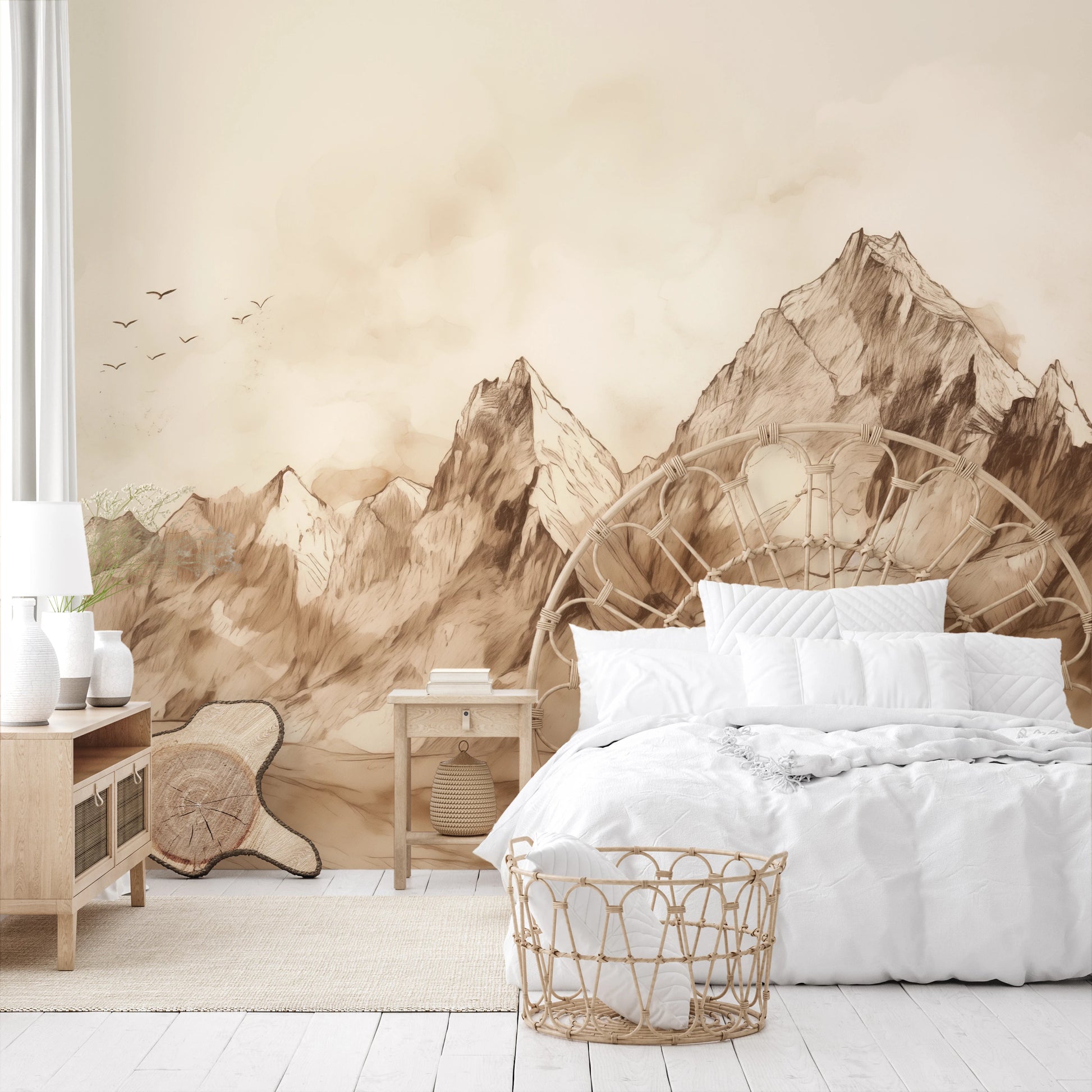 Fototapeta artystyczna o nazwie Sepia Serenity pokazana w aranżacji wnętrza.