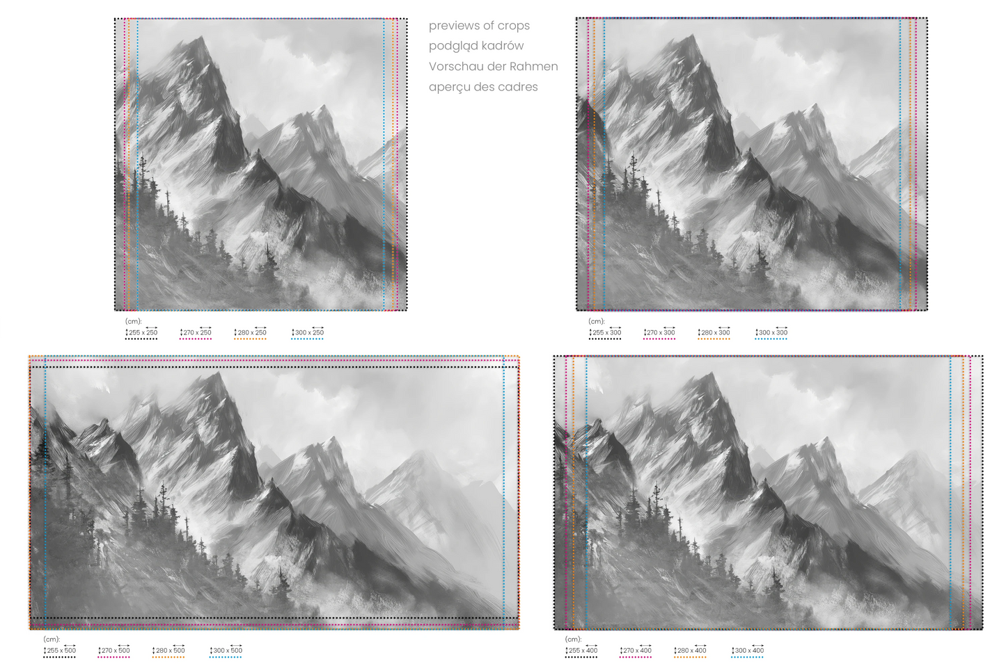 Na obrazie znajduje się prezentacja przykładowych rozmiarów fototapety o nazwie Monochrome Mystique. Rozmiar fototapety jest dowolny.