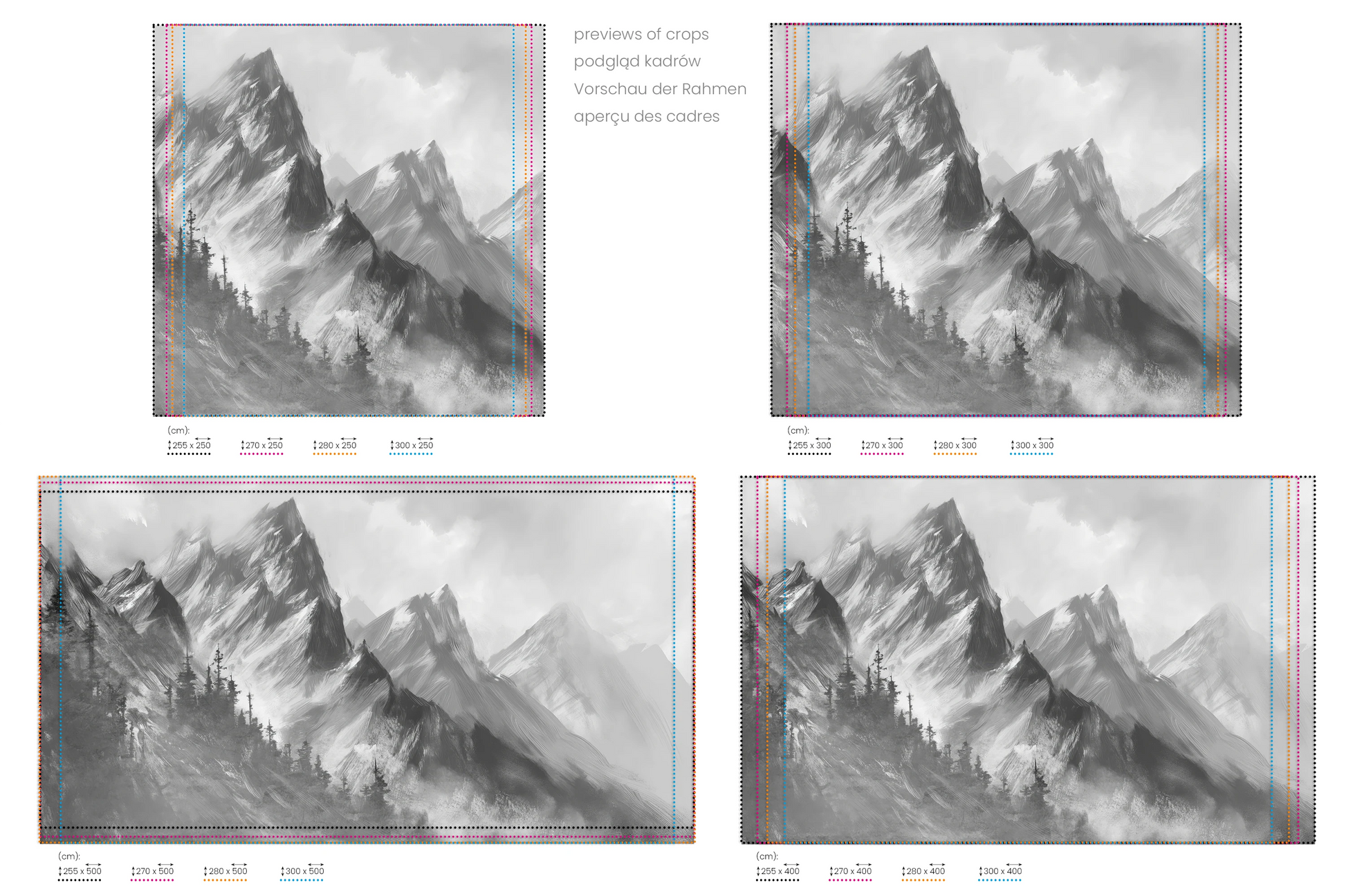 Na obrazie znajduje się prezentacja przykładowych rozmiarów fototapety o nazwie Monochrome Mystique. Rozmiar fototapety jest dowolny.