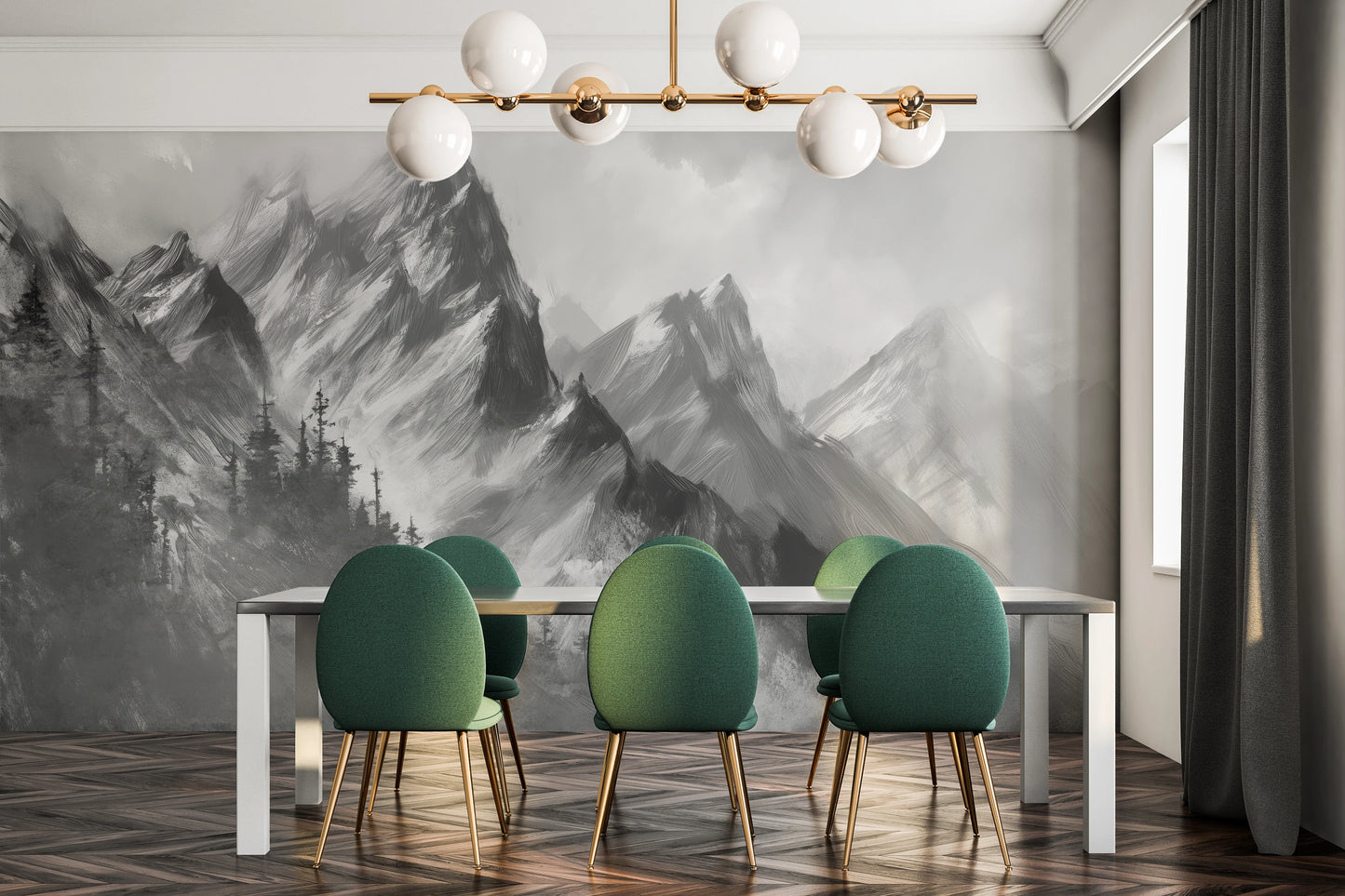 Fototapeta artystyczna o nazwie Monochrome Mystique pokazana w aranżacji wnętrza.