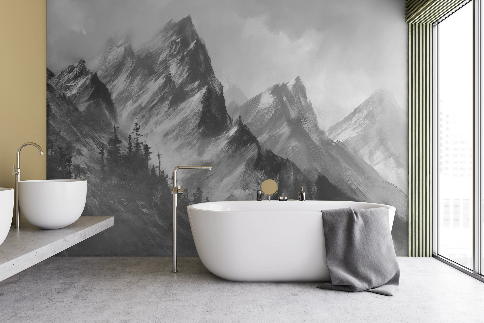 Wzór fototapety artystycznej o nazwie Monochrome Mystique pokazanej w aranżacji wnętrza.