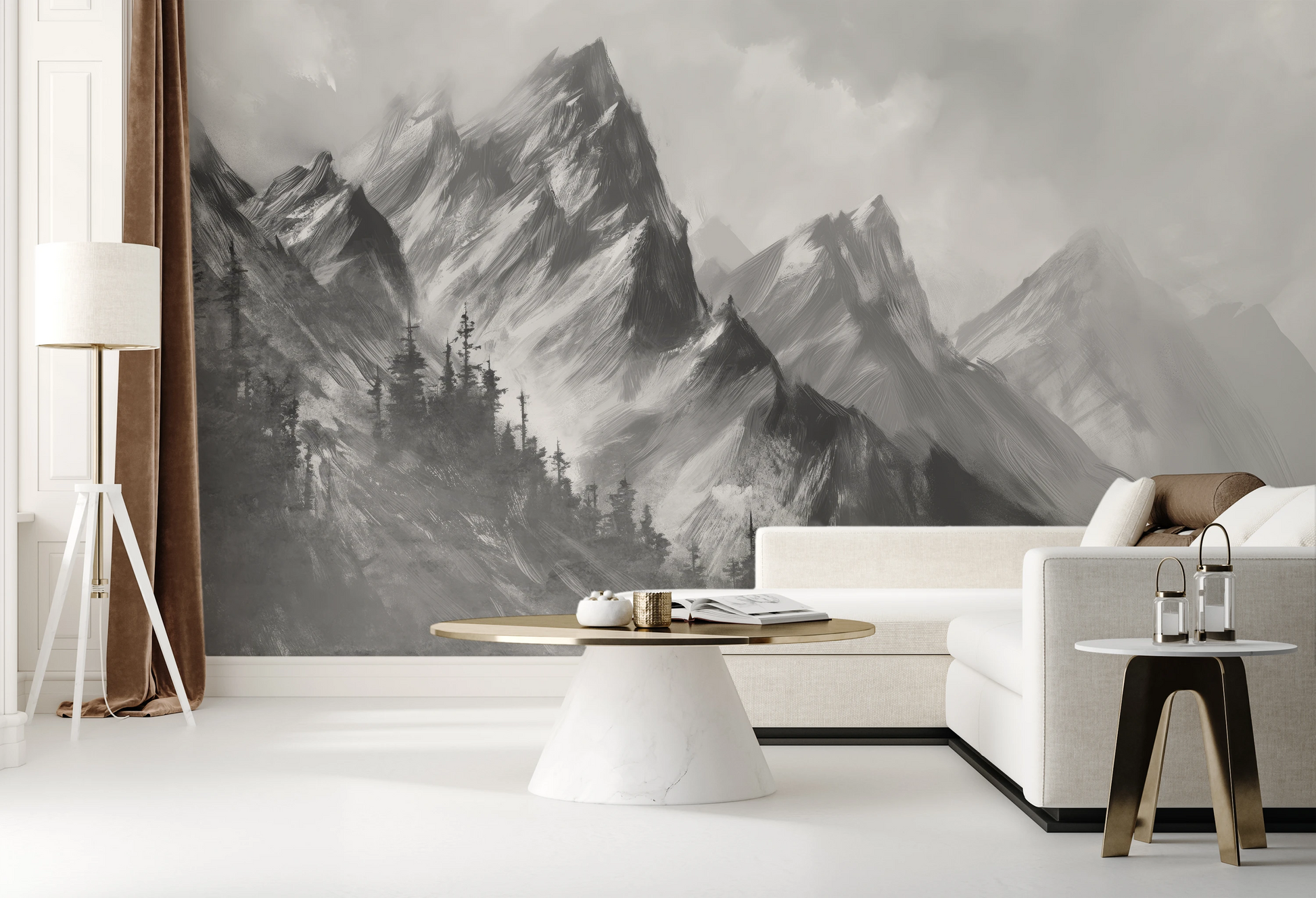 Zdjęcie prezentuje aranżację wnętrza z użyciem fototapety o nazwie Monochrome Mystique pokazanej w aranżacji wnętrza.