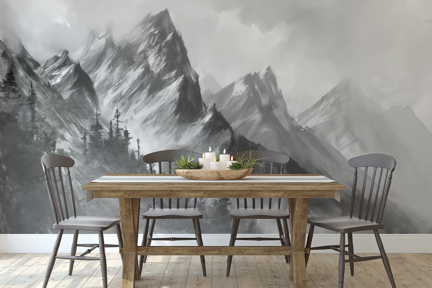 Fototapeta malowana o nazwie Monochrome Mystique pokazana w aranżacji wnętrza.