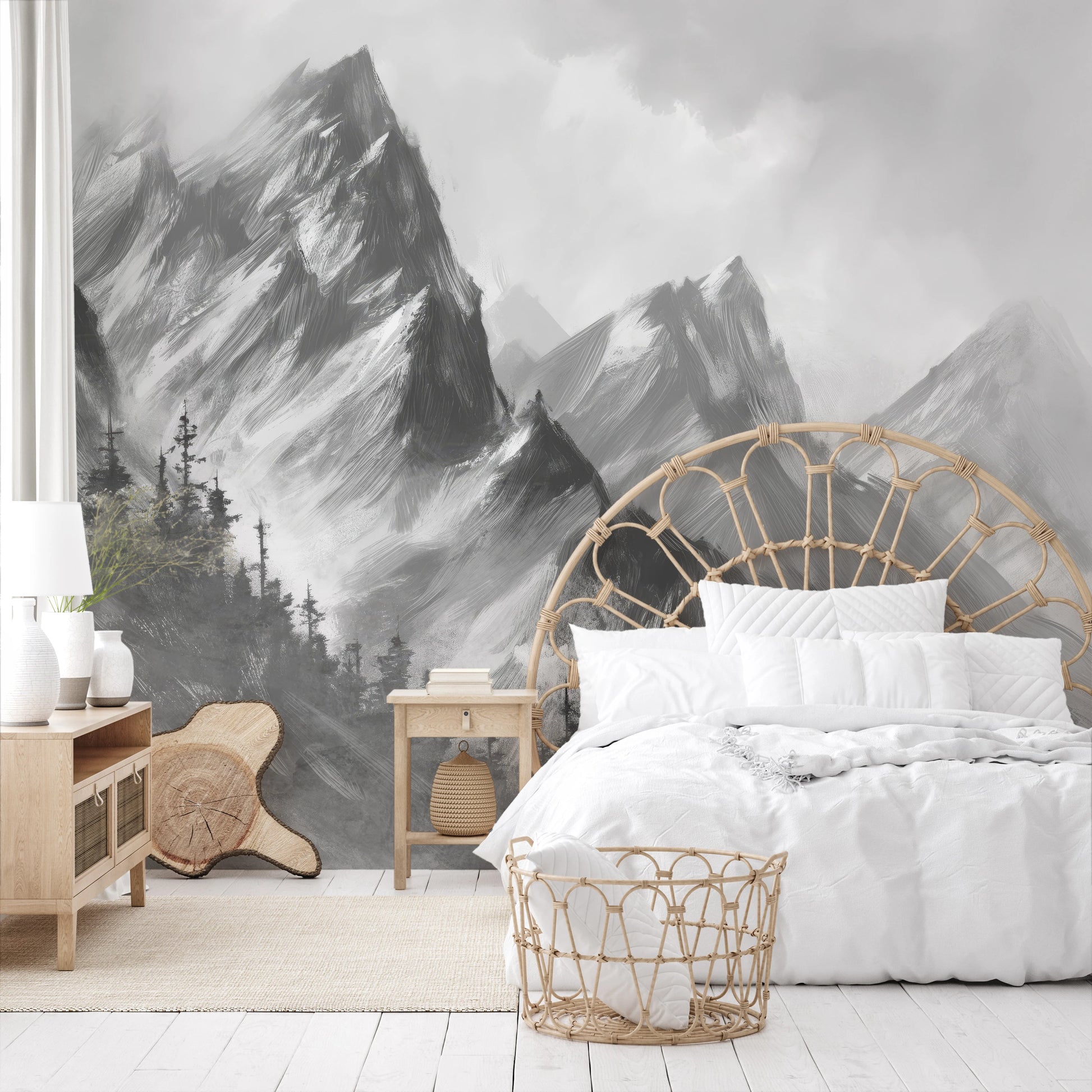 Wzór fototapety malowanej o nazwie Monochrome Mystique pokazanej w aranżacji wnętrza.