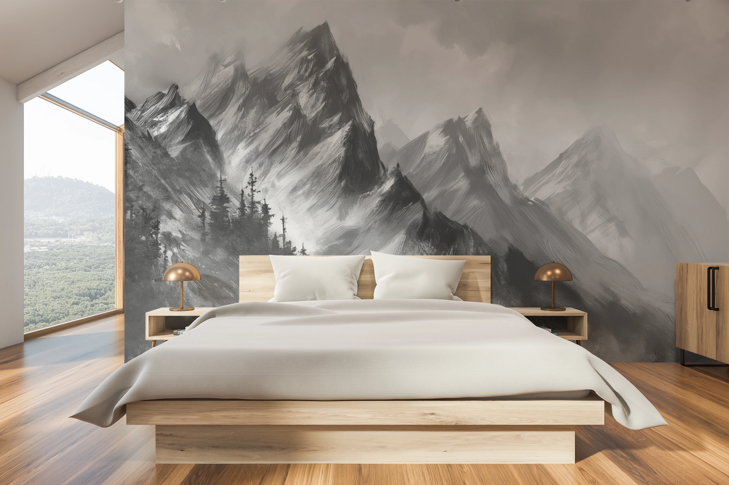 Wzór fototapety o nazwie Monochrome Mystique pokazanej w kontekście pomieszczenia.