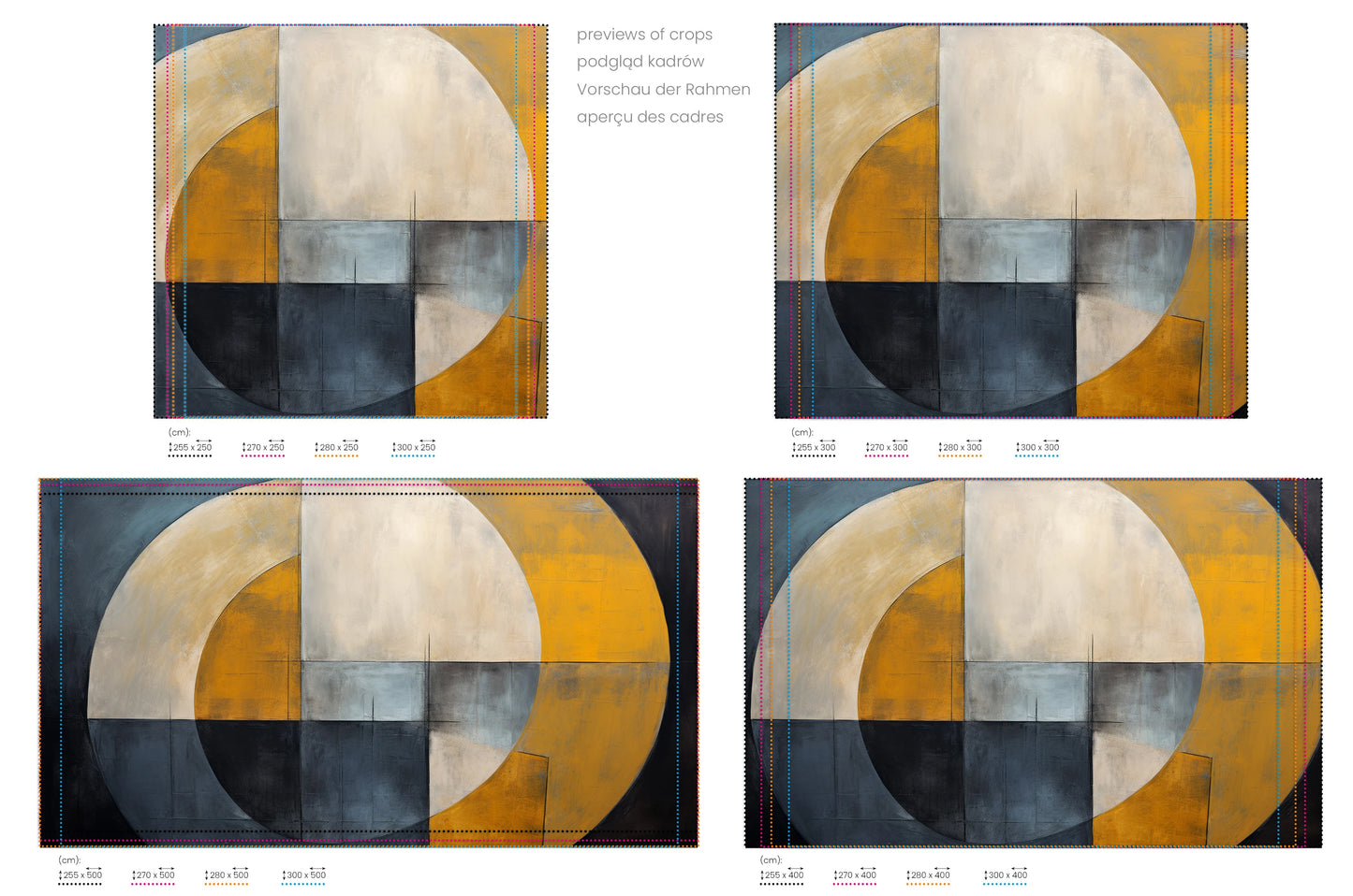Na obrazie znajduje się prezentacja przykładowych rozmiarów fototapety o nazwie Golden Geometry. Rozmiar fototapety jest dowolny.