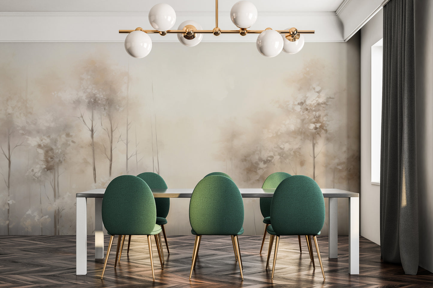 Wzór fototapety malowanej o nazwie WHISPERING TRANQUILITY MURAL pokazanej w aranżacji wnętrza.