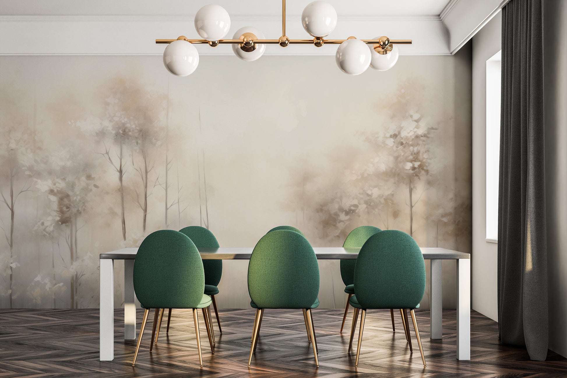 Wzór fototapety malowanej o nazwie WHISPERING TRANQUILITY MURAL pokazanej w aranżacji wnętrza.