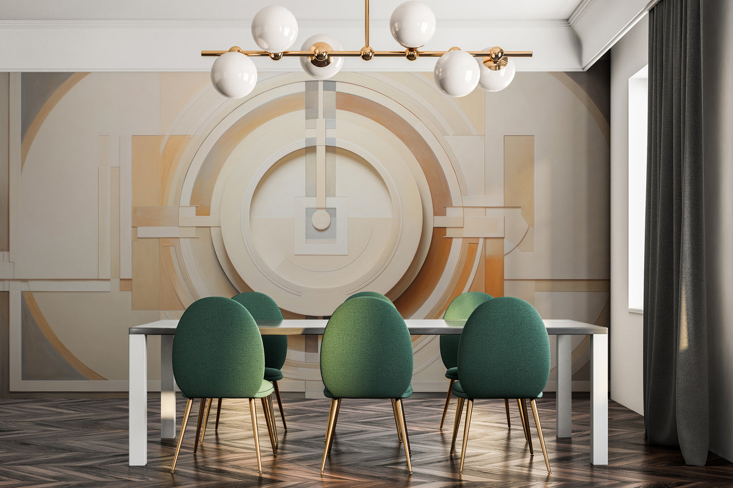 Wzór fototapety artystycznej o nazwie CUBIST CONCENTRIC SPLENDOR pokazanej w aranżacji wnętrza.