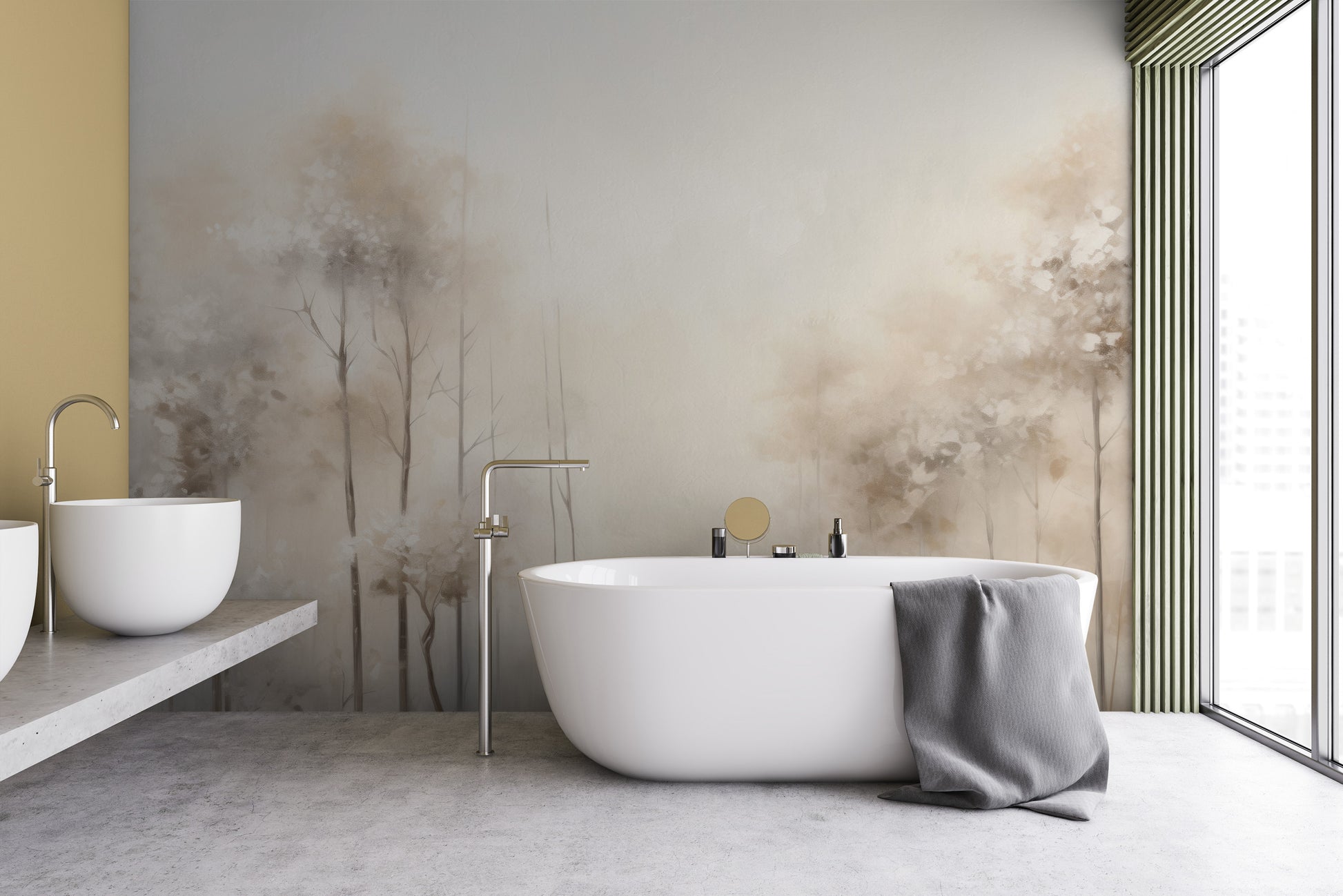 Zdjęcie prezentuje aranżację wnętrza z użyciem fototapety o nazwie WHISPERING TRANQUILITY MURAL pokazanej w aranżacji wnętrza.