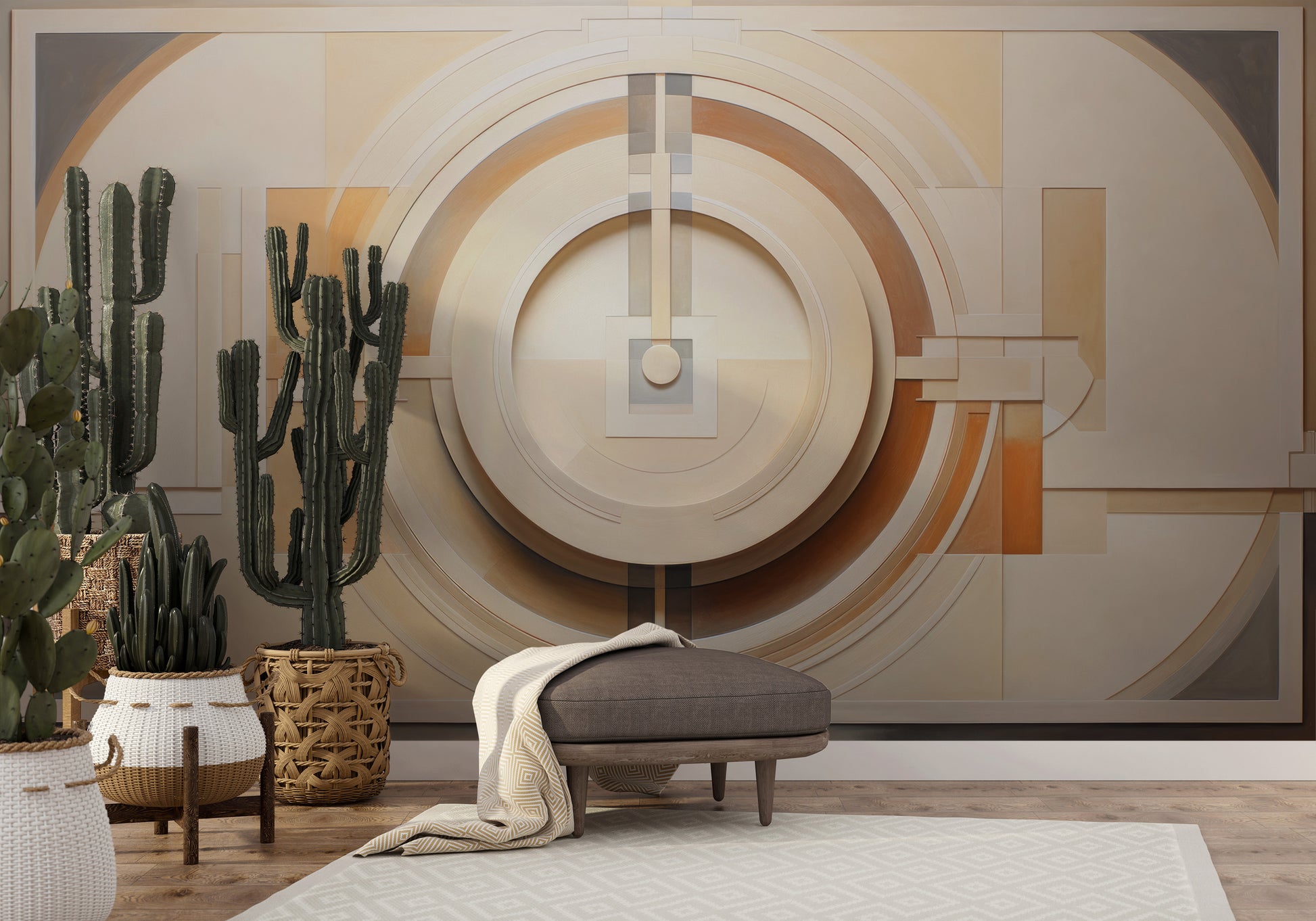 Wzór fototapety o nazwie CUBIST CONCENTRIC SPLENDOR pokazanej w kontekście pomieszczenia.