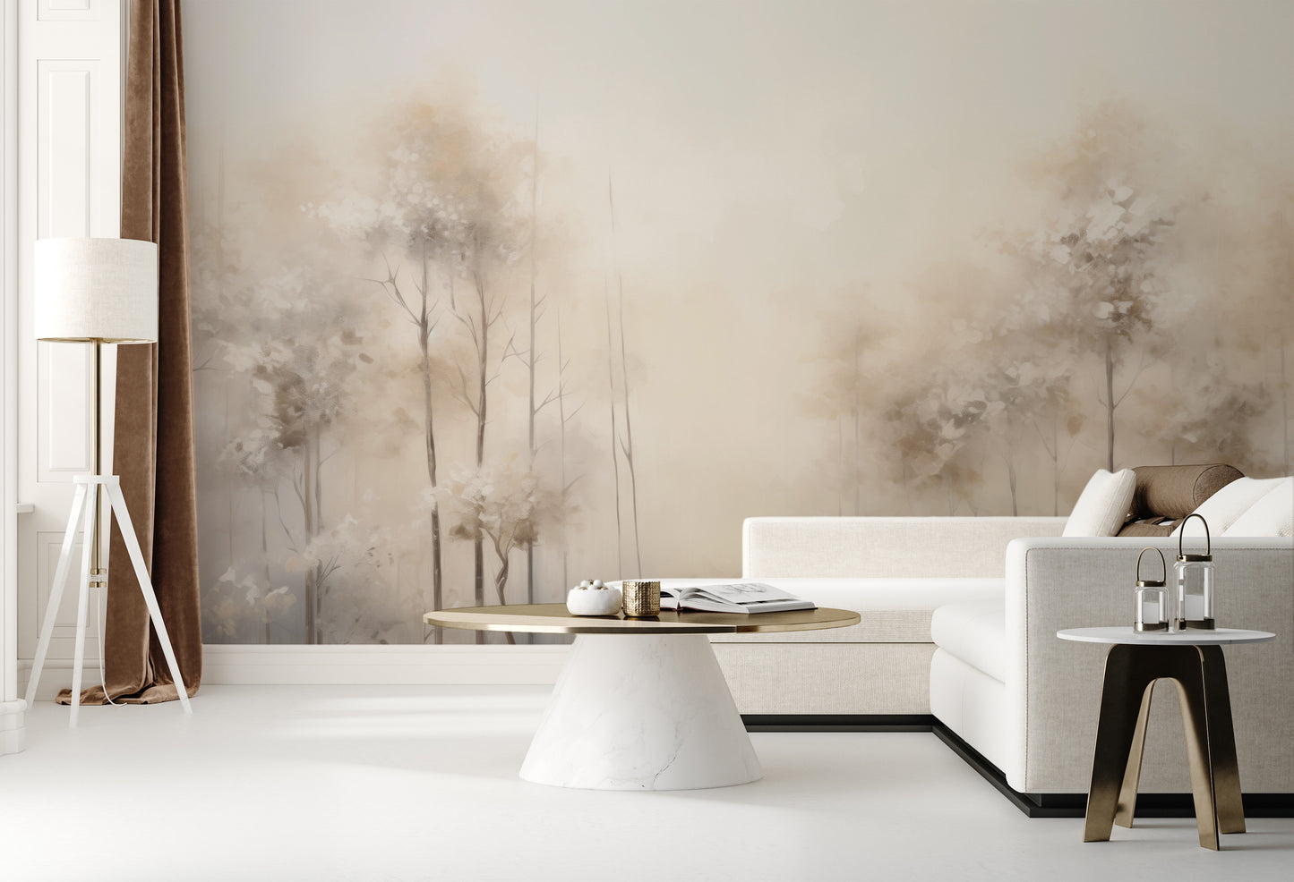 Wzór fototapety artystycznej o nazwie WHISPERING TRANQUILITY MURAL pokazanej w aranżacji wnętrza.