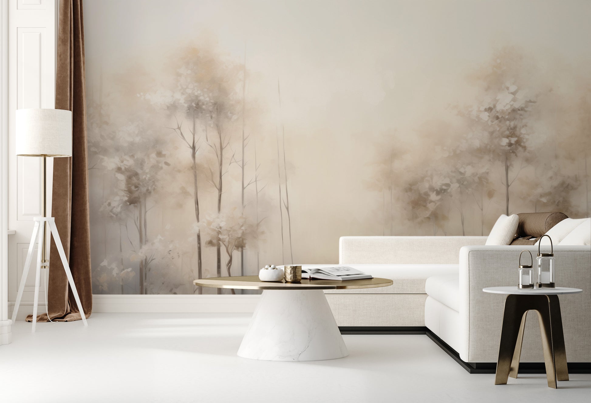 Wzór fototapety artystycznej o nazwie WHISPERING TRANQUILITY MURAL pokazanej w aranżacji wnętrza.