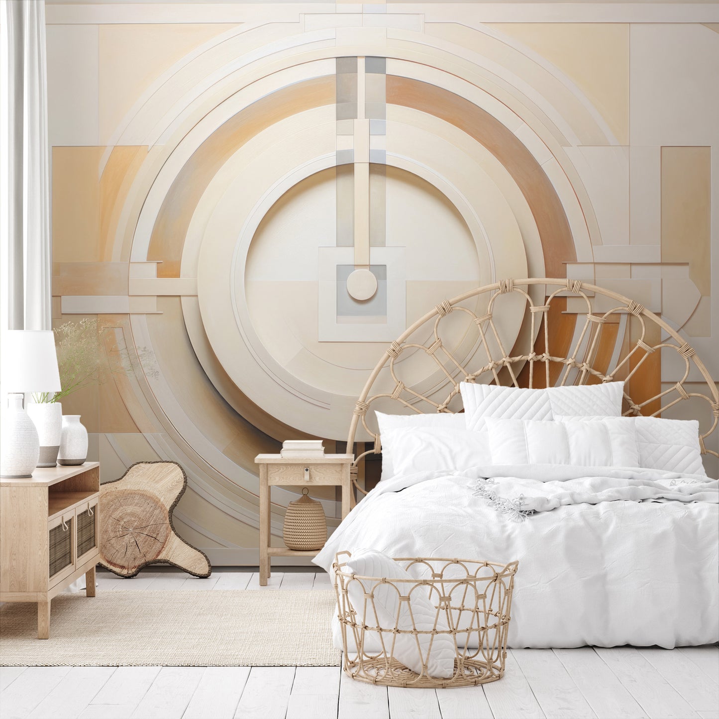 Wzór fototapety malowanej o nazwie CUBIST CONCENTRIC SPLENDOR pokazanej w aranżacji wnętrza.