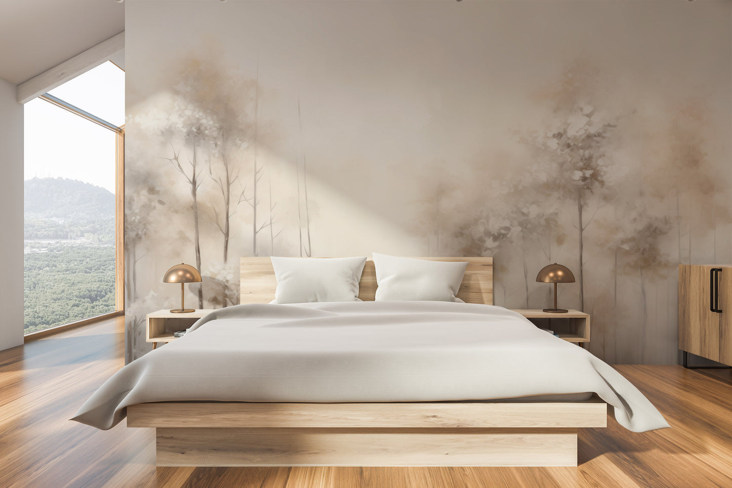 Wzór fototapety artystycznej o nazwie WHISPERING TRANQUILITY MURAL pokazanej w aranżacji wnętrza.