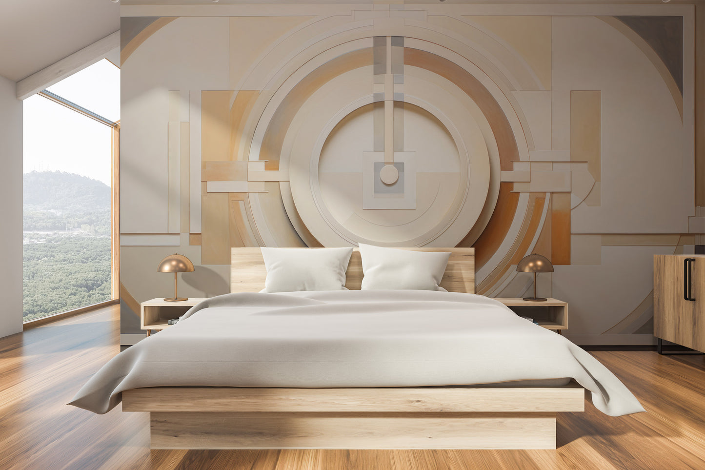 Zdjęcie prezentuje aranżację wnętrza z użyciem fototapety o nazwie CUBIST CONCENTRIC SPLENDOR pokazanej w aranżacji wnętrza.