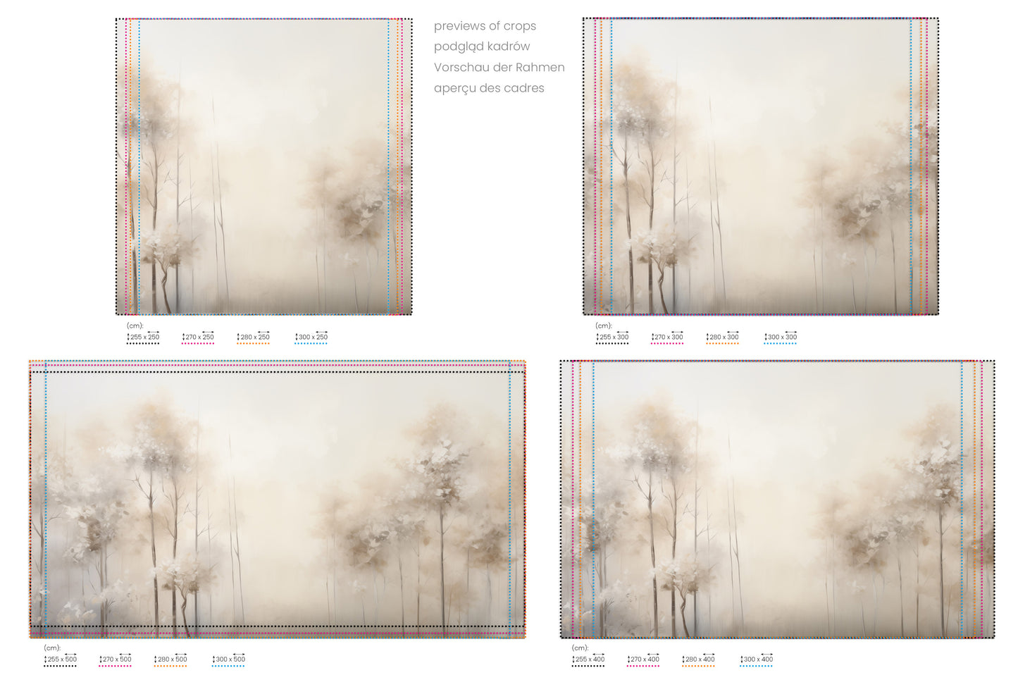 Na obrazie znajduje się prezentacja przykładowych rozmiarów fototapety o nazwie WHISPERING TRANQUILITY MURAL. Rozmiar fototapety jest dowolny.