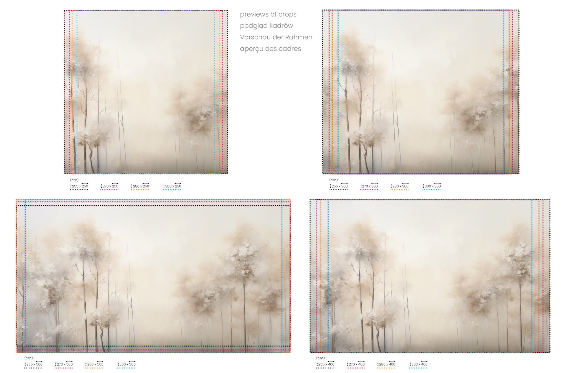 Na obrazie znajduje się prezentacja przykładowych rozmiarów fototapety o nazwie WHISPERING TRANQUILITY MURAL. Rozmiar fototapety jest dowolny.